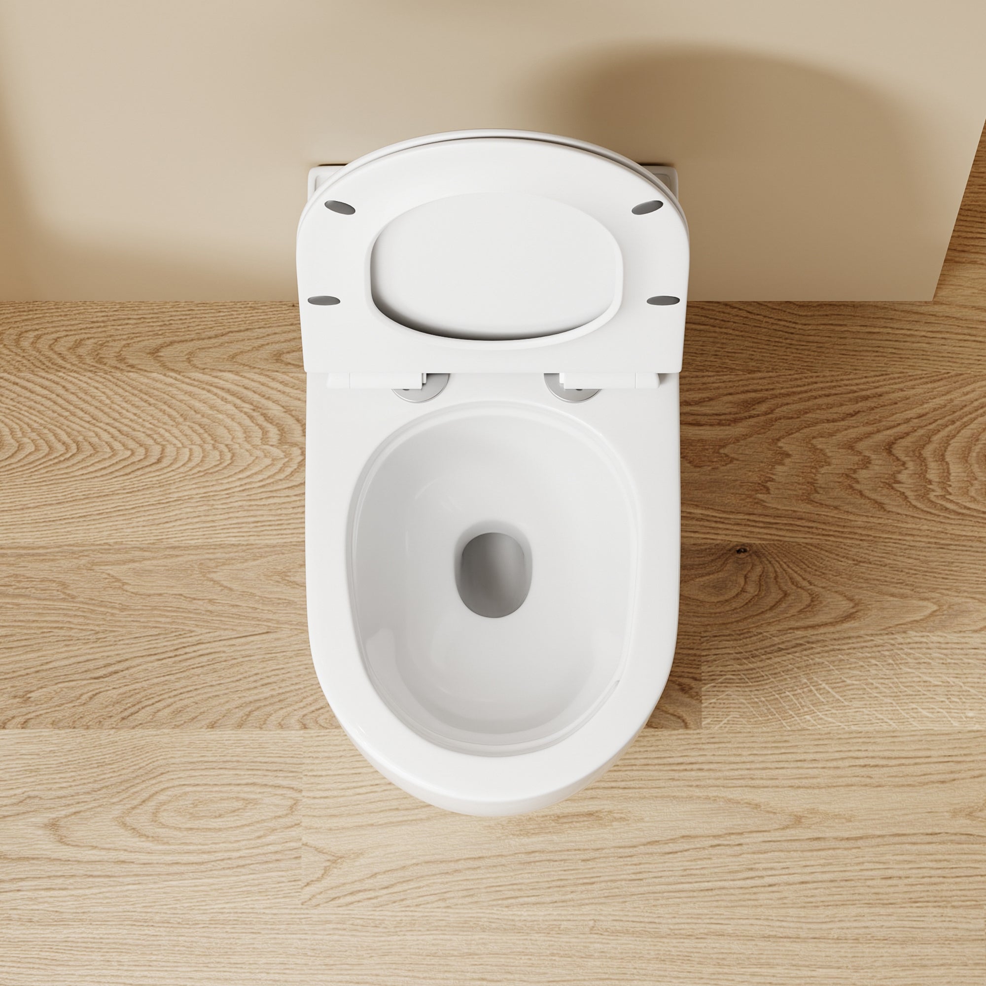 Vue de dessus d'un WC suspendu blanc SOLEIL design moderne, dimensions 49x36,5x32 cm, avec abattant Soft Close.