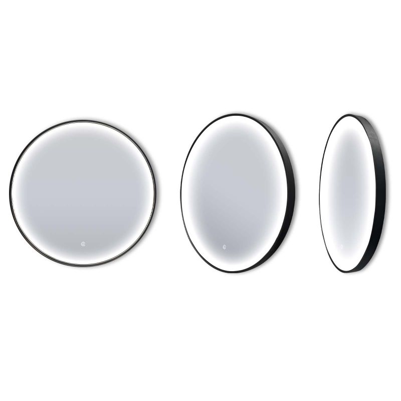 Miroir rond LED avec cadre aluminium noir ⌀70cm : Miroir LED rond de 70 cm de diamètre avec cadre en aluminium noir. Miroir de salle de bain élégant.