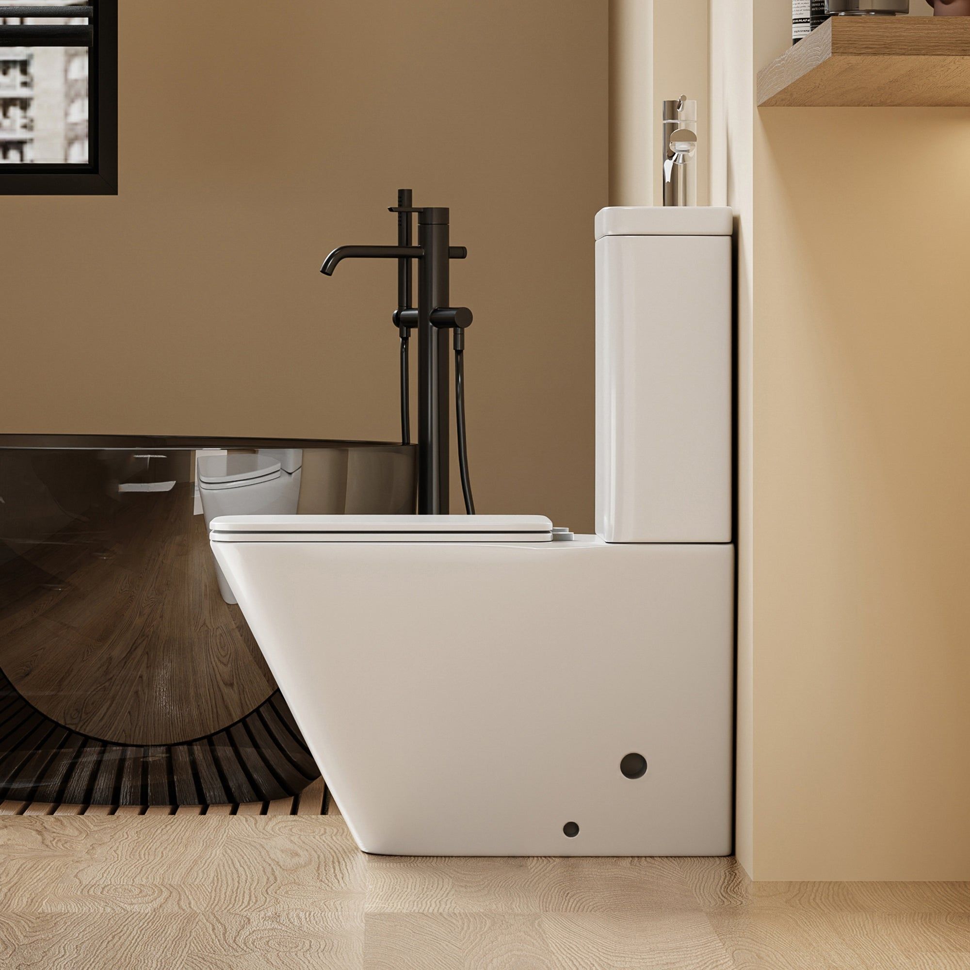 WC 2 en 1 Blanc - WC blanc deux pièces au design moderne et carré avec robinetterie noire.