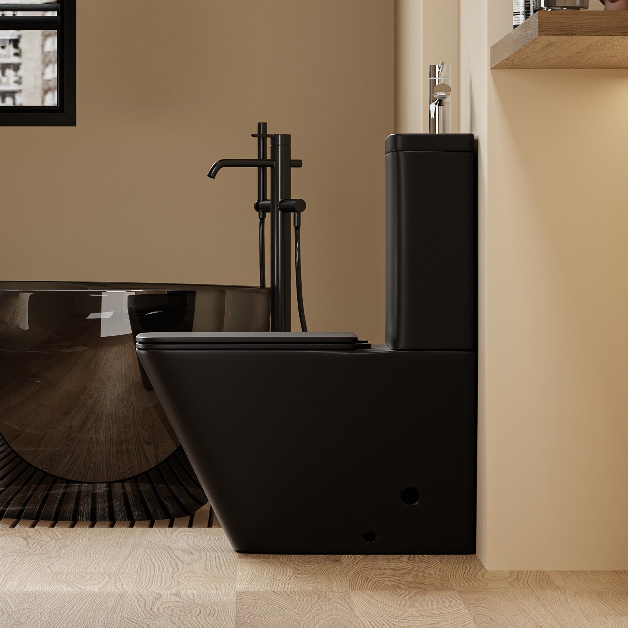WC 2 en 1 noir - Design carré : Ensemble WC et bidet noir moderne, design carré contemporain.
