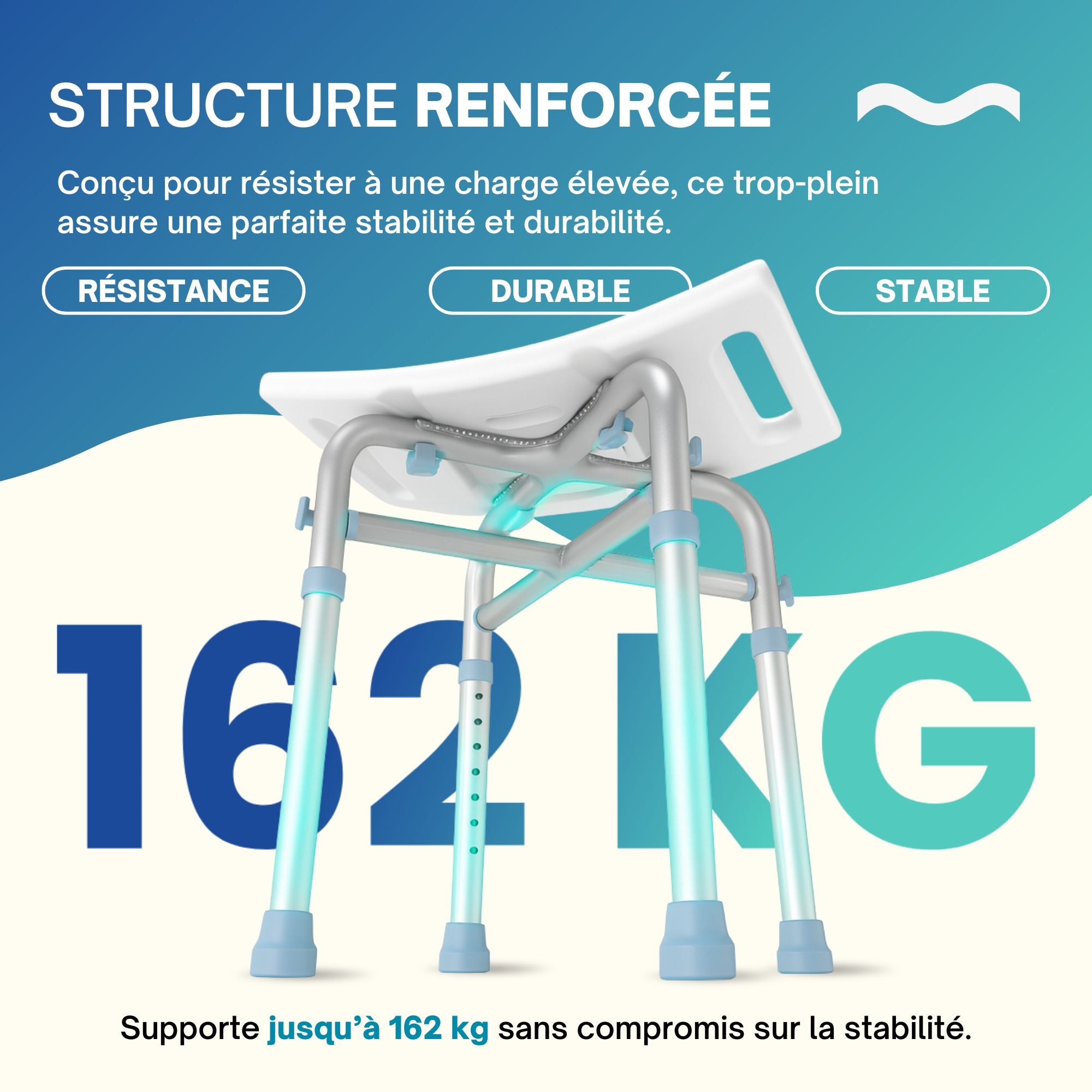 Chaise de douche PMR renforcée supportant jusqu'à 162 kg, assurant résistance, durabilité et stabilité pour personnes à mobilité réduite.