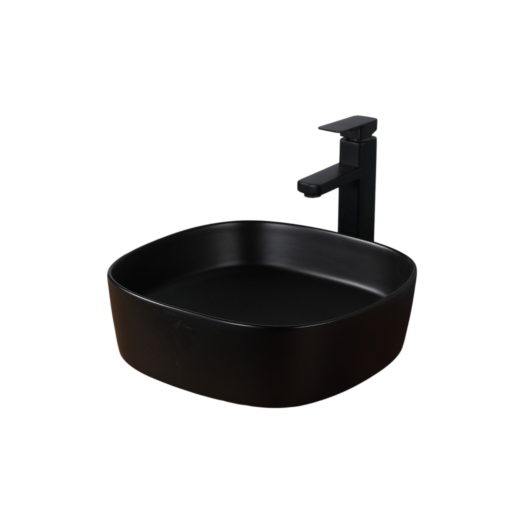 Vasque carrée arrondie couleur noir mat avec robinet noir.