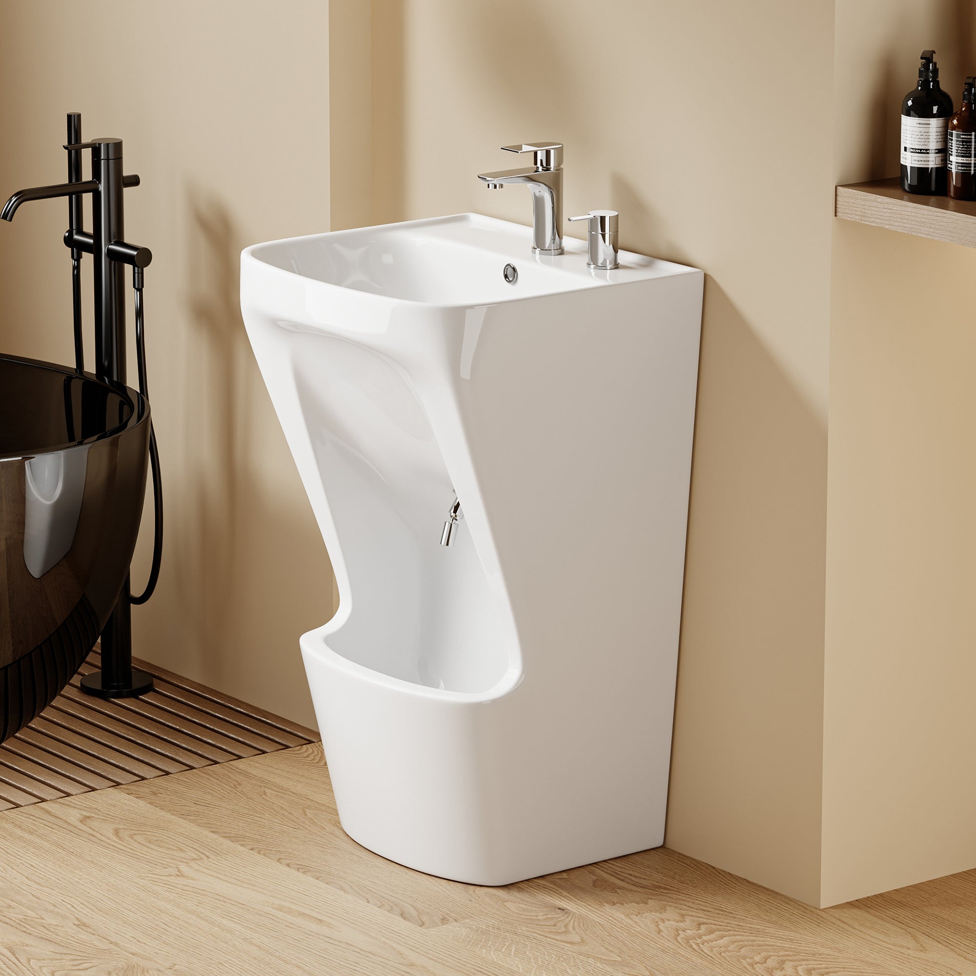Lavabo d’ablutions GAZA moderne en céramique blanche, double vasque pour usage musulman.