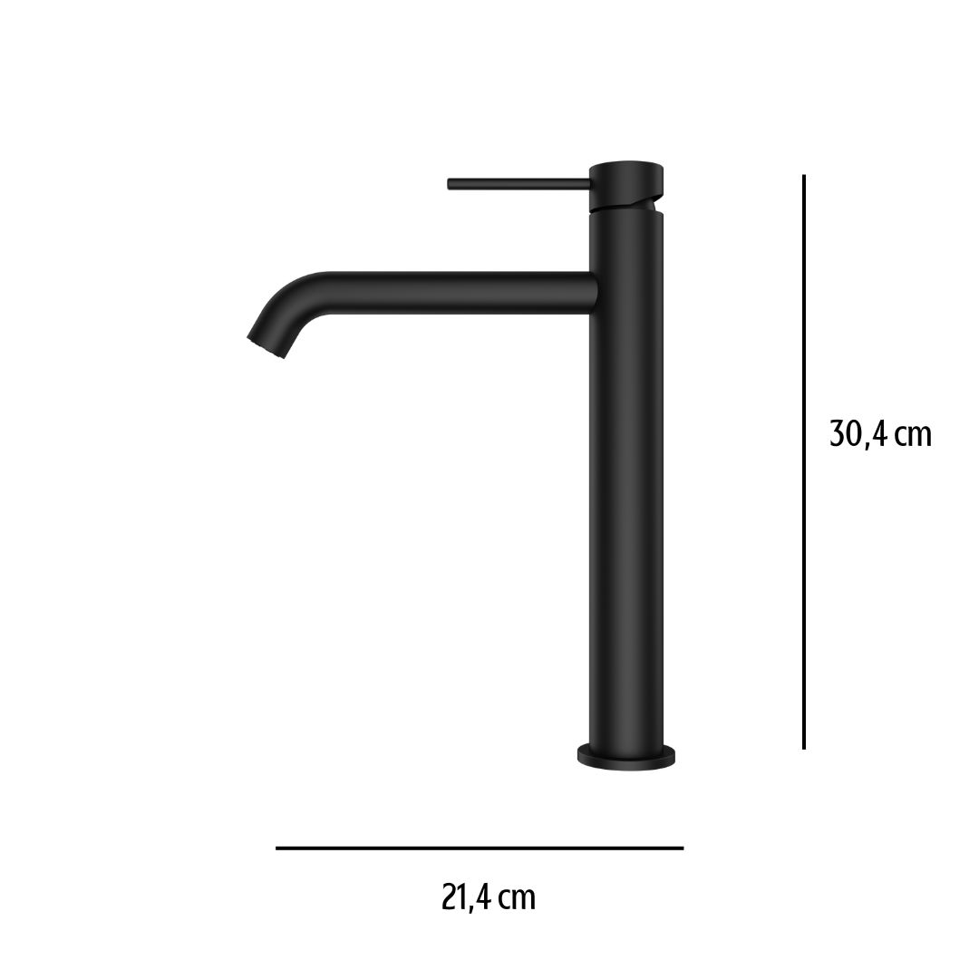 Black matte high-neck faucet, Robinet à bec haut couleur noir mat: 21.4cm wide, 30.4cm high. Modern kitchen or bathroom sink faucet.