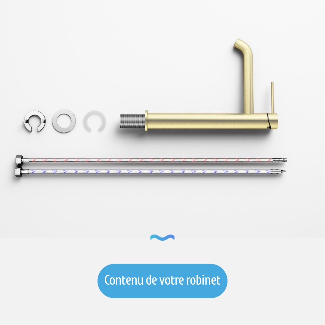 Robinet à bec haut couleur or: Ensemble robinet de salle de bain doré avec tuyaux et accessoires de montage.