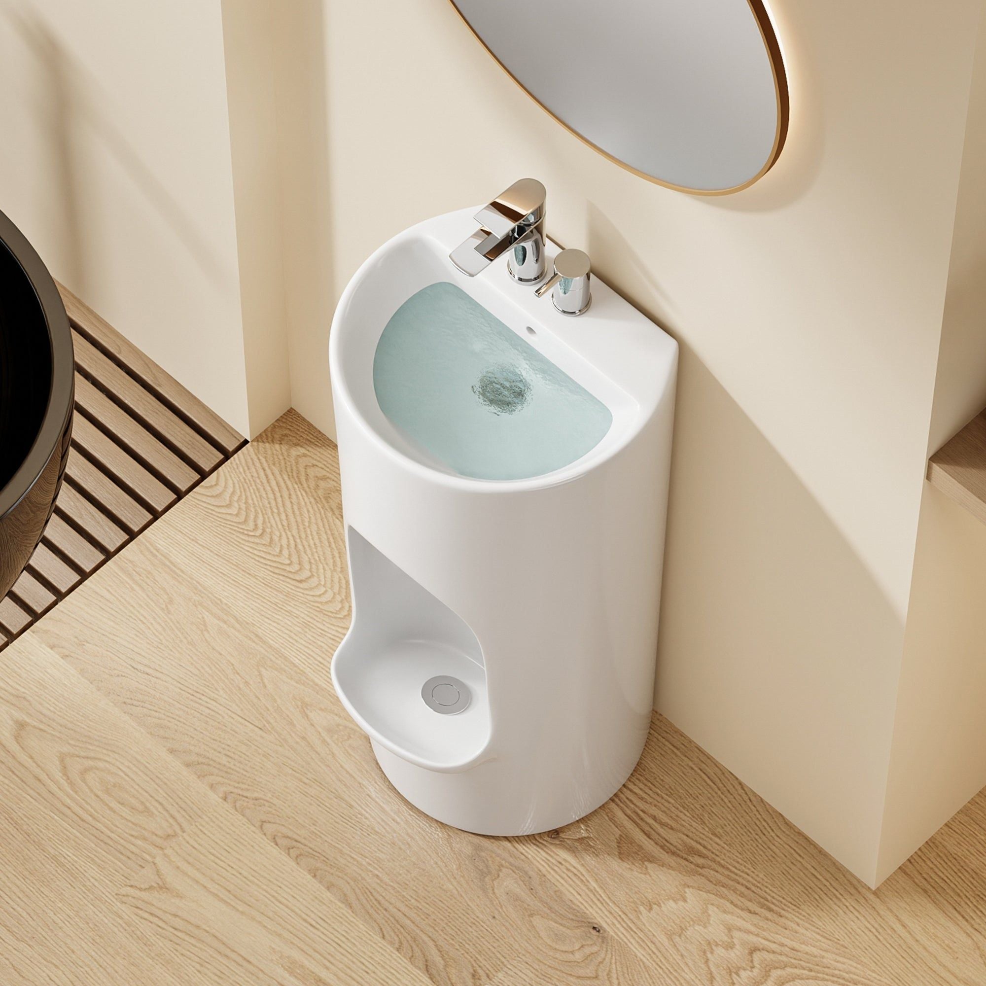 Lavabo sur pied Riyad : Lavabo de salle de bain rond et moderne en céramique avec repose-pieds intégré. Design élégant et raffiné.