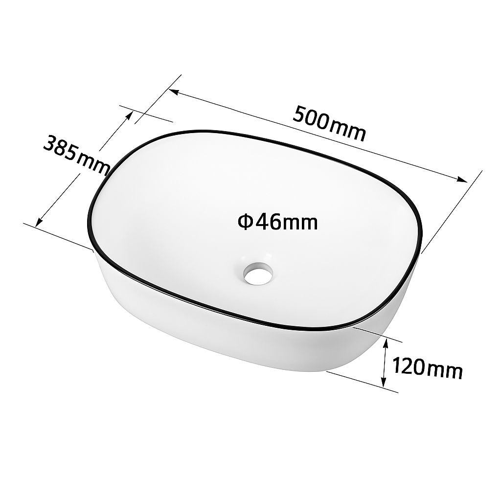 Vasque à poser ronde ovale avec liseré noir et dimensions indiquées.