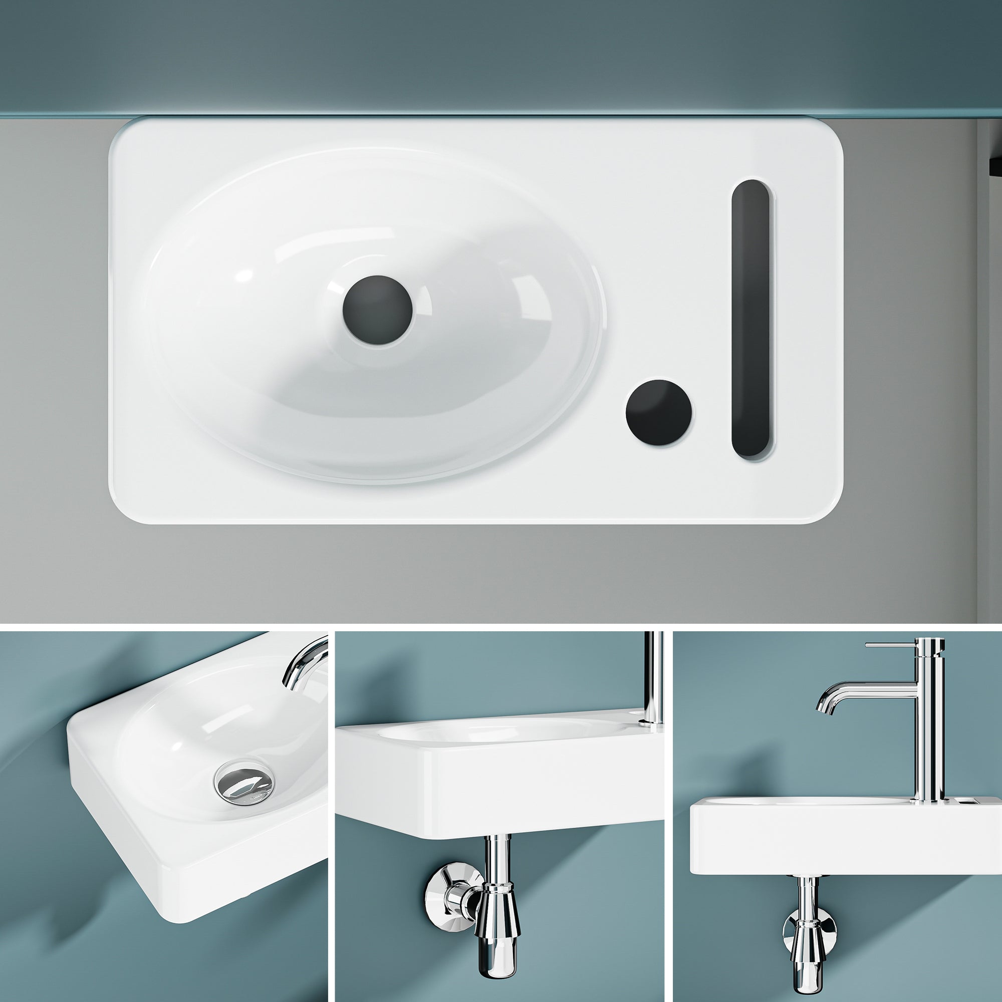 Vasque lave-mains murale sortie droite avec porte-serviette intégré en céramique blanche (39,5*22cm) – PORTO
