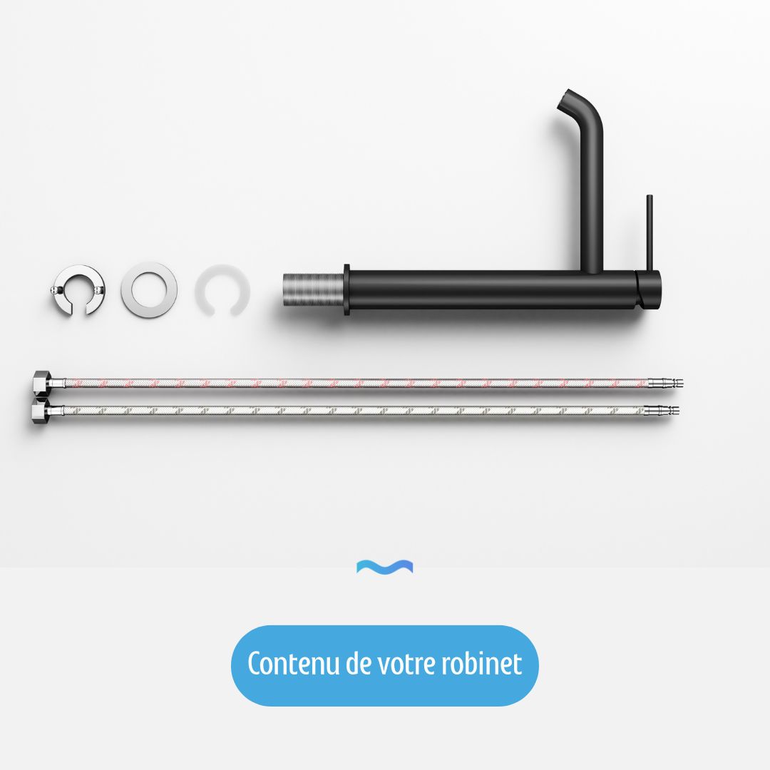 Robinet à bec haut couleur noir mat: Black matte high-spout faucet with installation parts