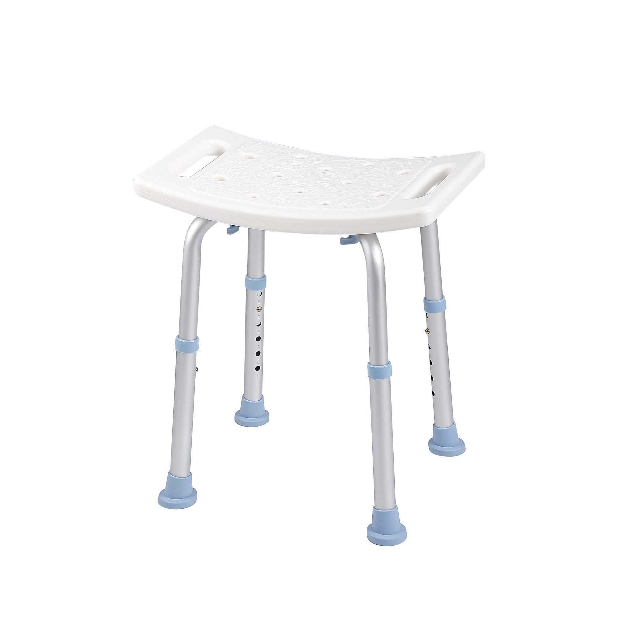 Chaise de douche réglable avec assise confortable et perforée et pieds robustes en aluminium. Idéale pour les personnes âgées et à mobilité réduite.