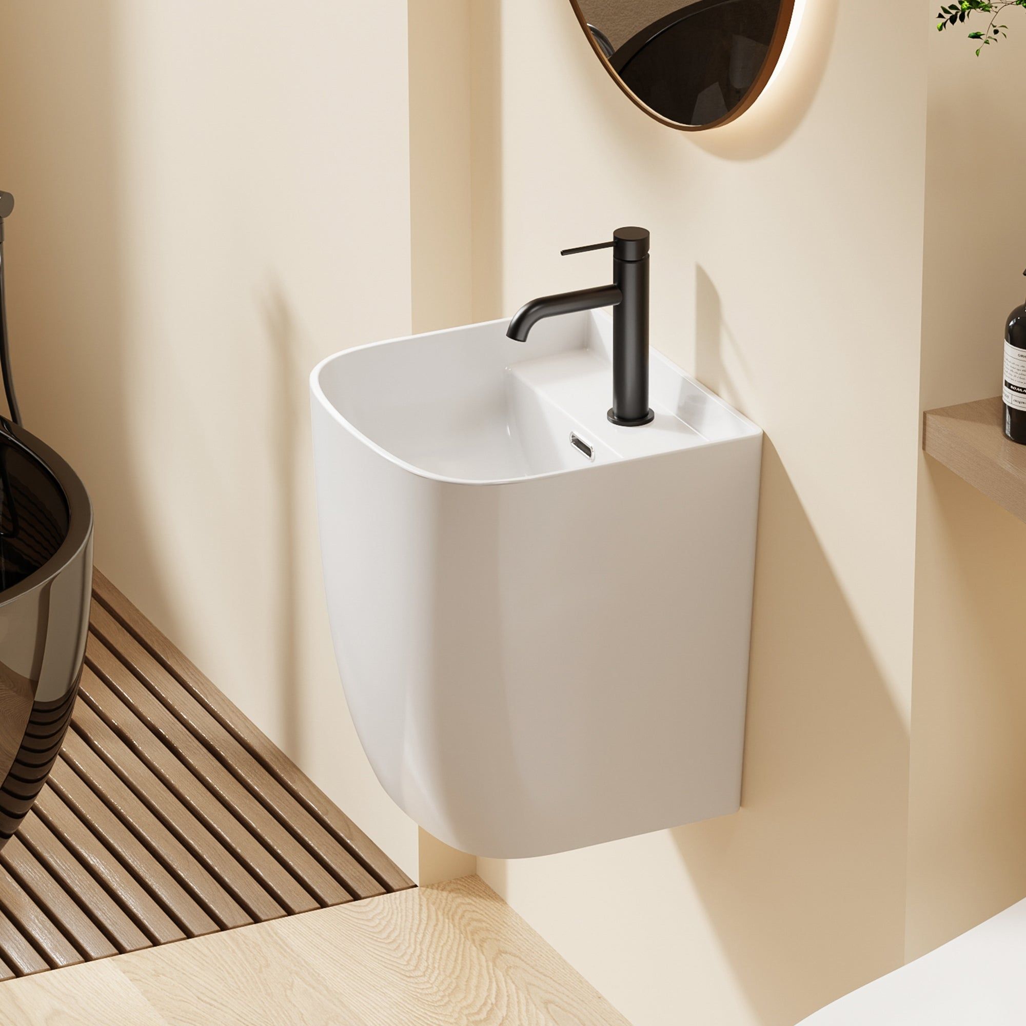 Lavabo mural blanc : Lavabo mural contemporain (38x40x45cm), design épuré en céramique blanche avec robinetterie noire.