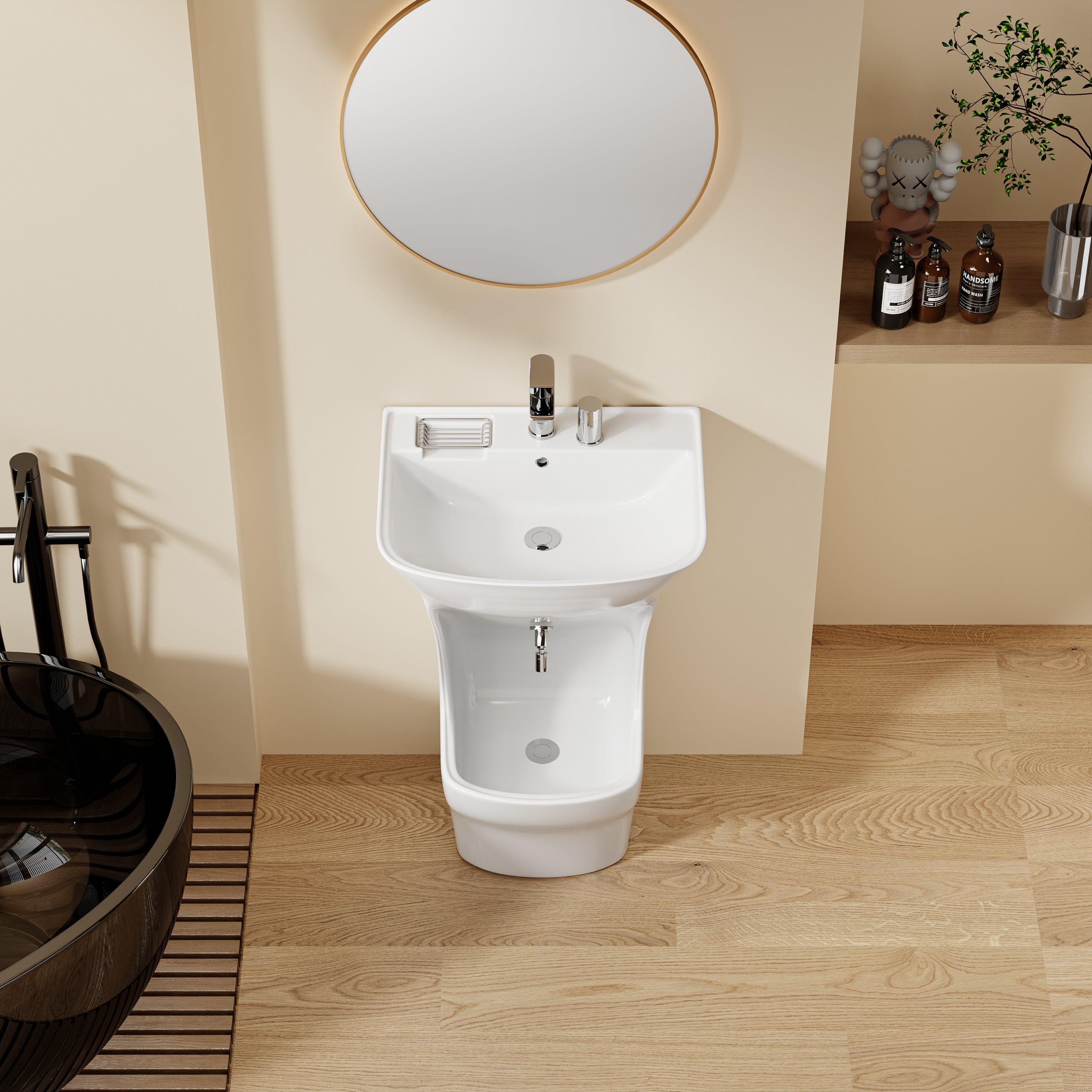 Lavabo d’ablutions Beyrouth blanc, design arrondi avec porte-savon intégré.