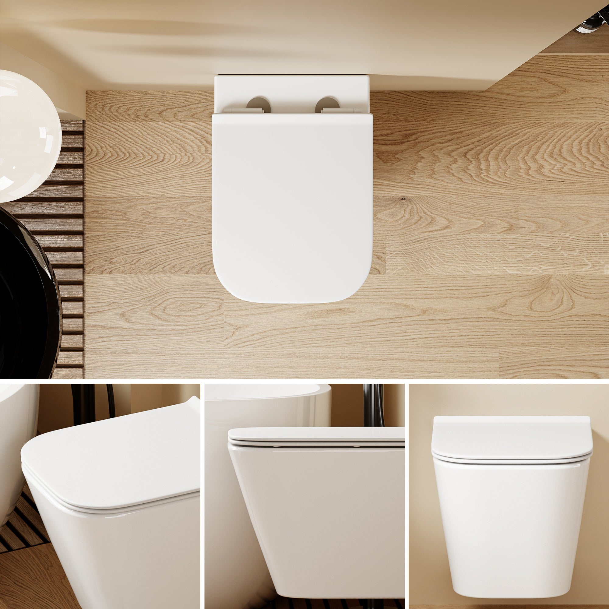 WC suspendu carré arrondi blanc LUNE, dimensions 51,5x35x32 cm, avec abattant Soft Close.