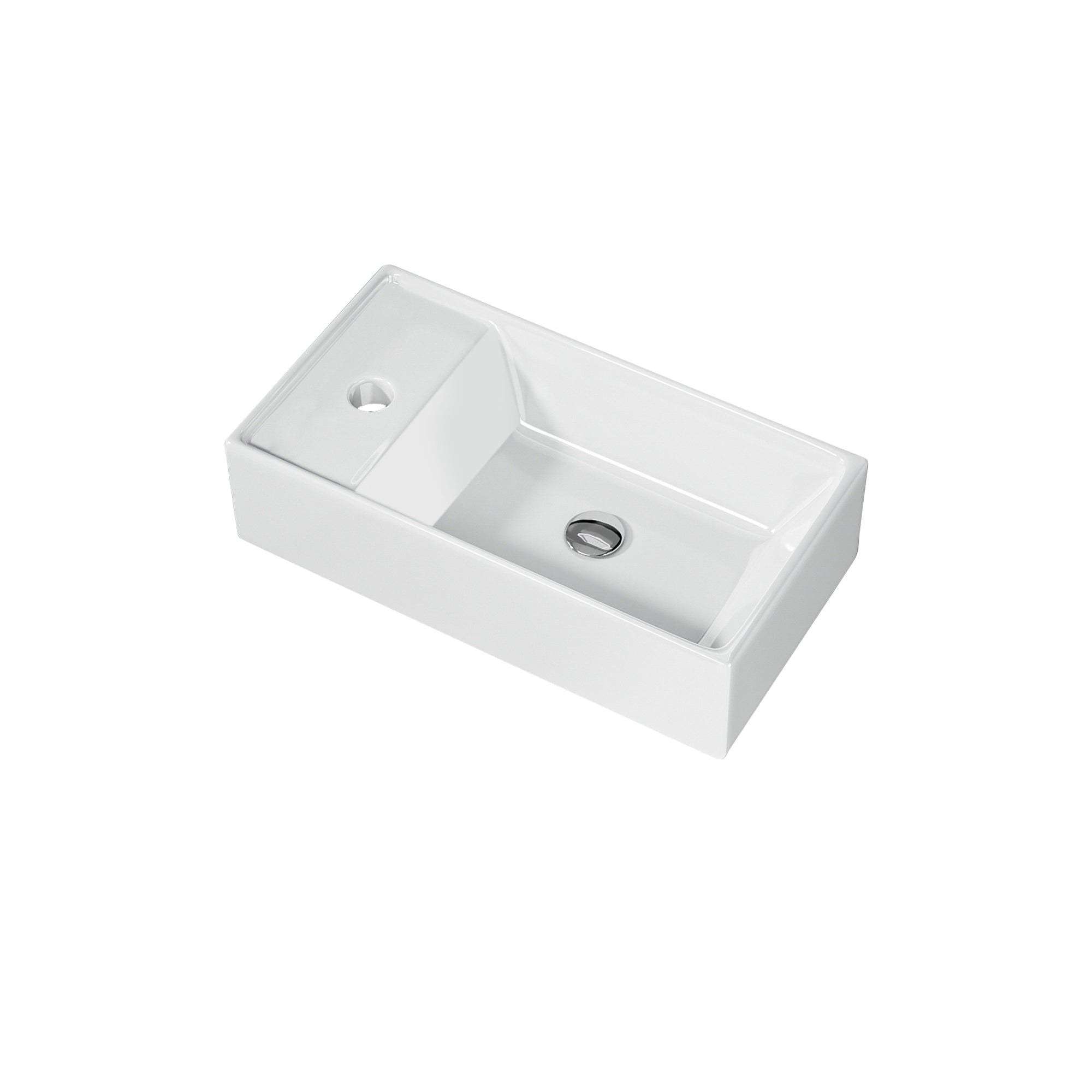 Lave-mains avec rebord sortie gauche: Compact white ceramic rectangular sink with left-side drain.