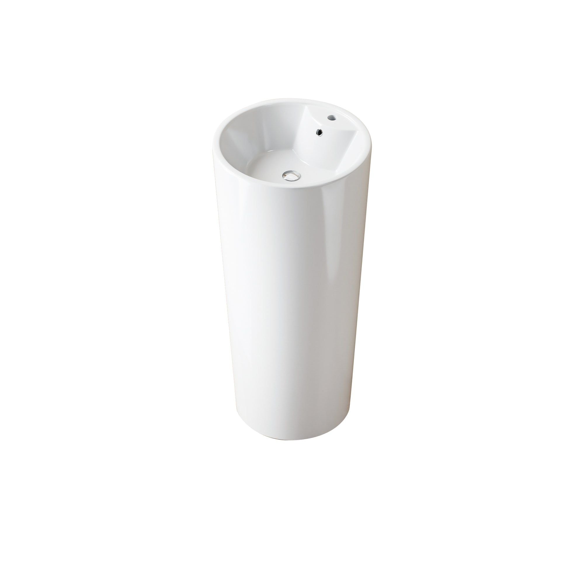 Lavabo Totem Design Rond et Épuré Blanc : Élégant lavabo sur colonne cylindrique blanc au design moderne et minimaliste.