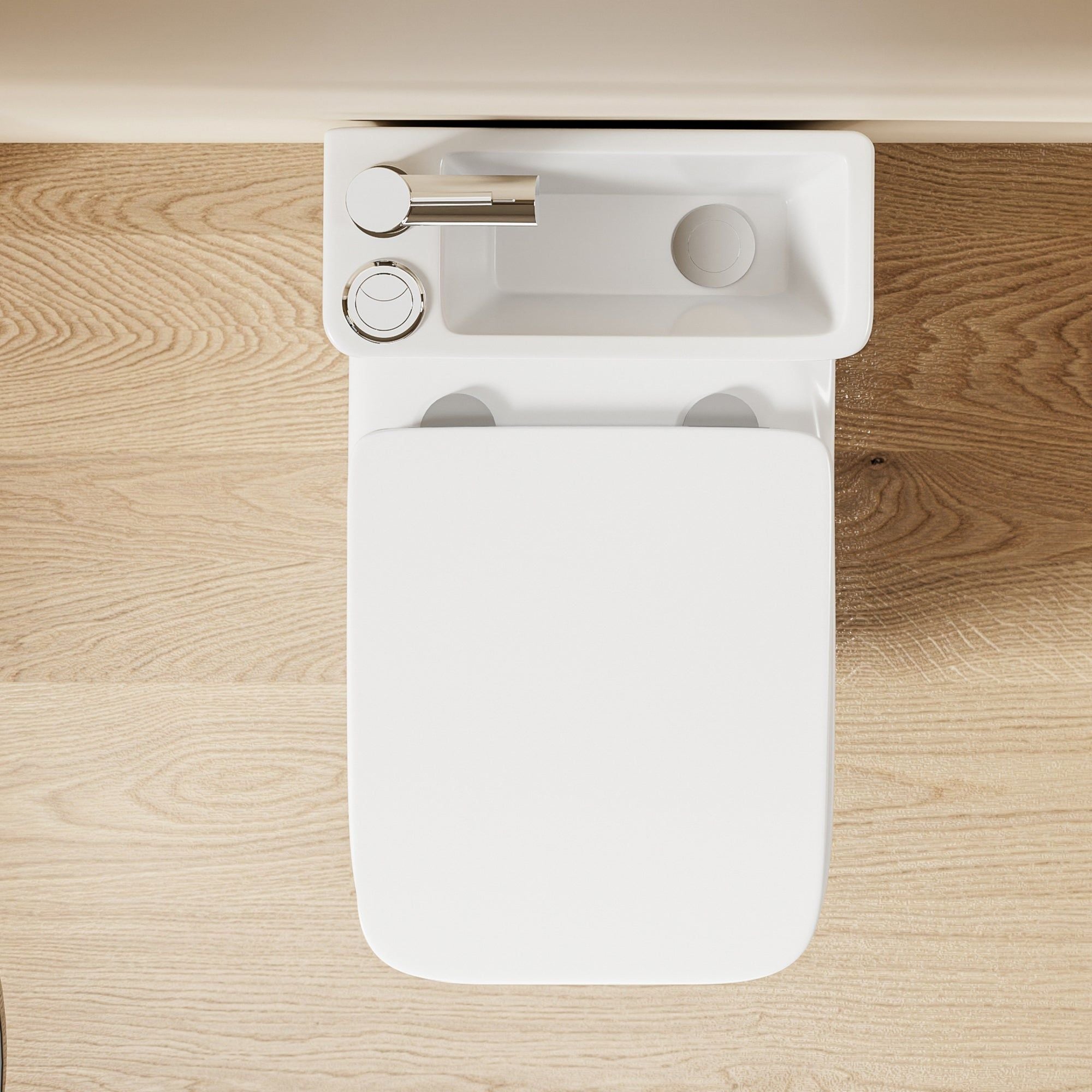 WC 2 en 1 Blanc - Design carré : WC suspendu peu encombrant avec lavabo intégré et robinetterie chromée moderne.