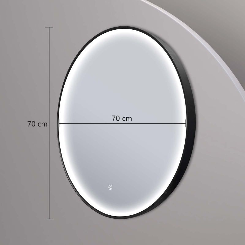 Miroir LED rond de 70 cm avec cadre en aluminium noir. Miroir de salle de bain moderne.