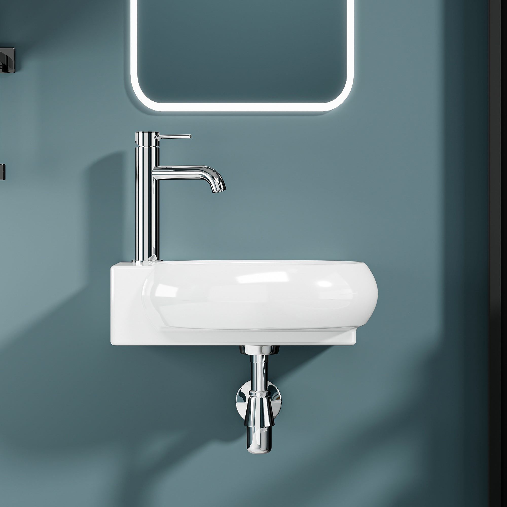Vasque lave-mains blanc sortie gauche murale (43x29x15 cm) avec robinetterie chromée