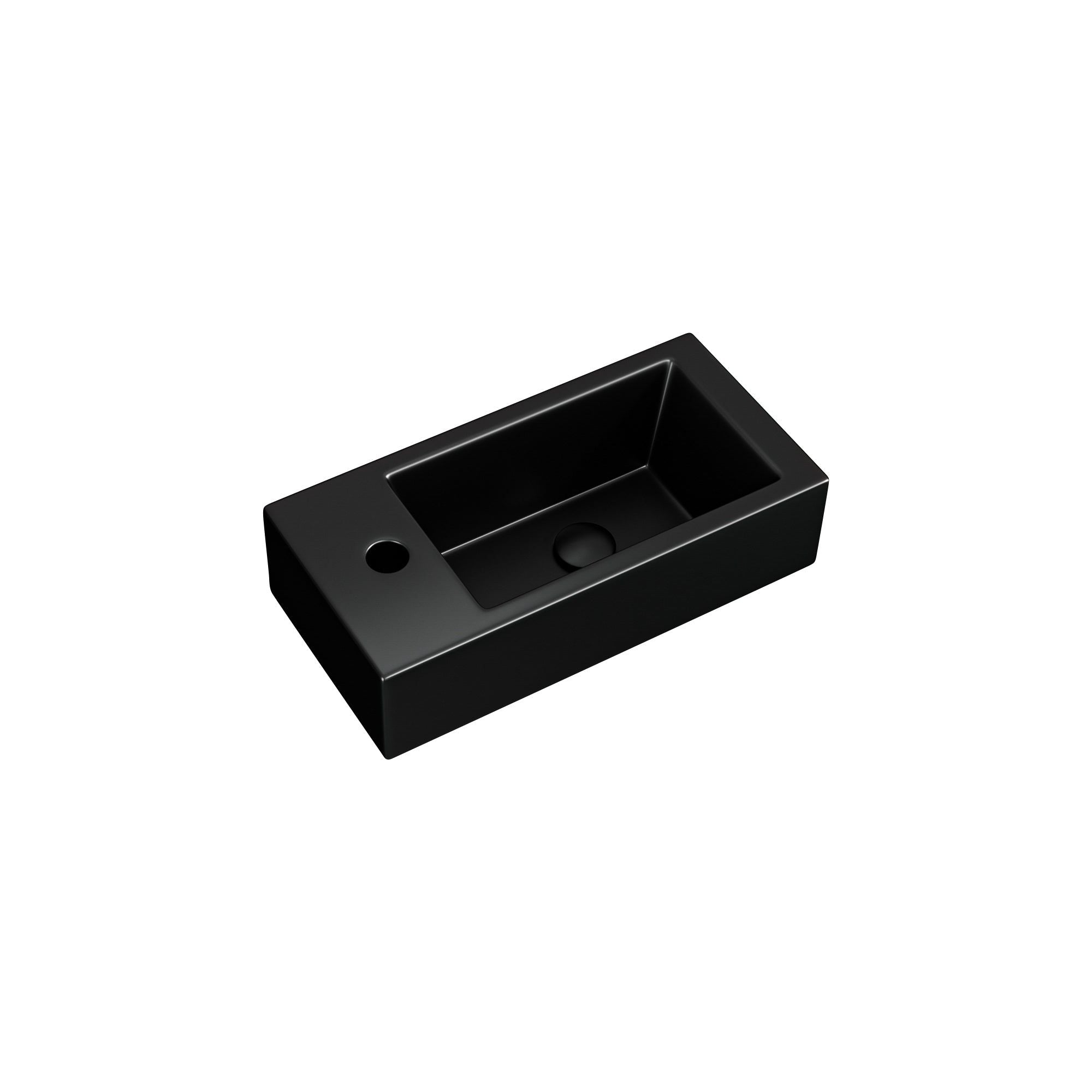 Lavabo mural rectangulaire noir mat (36,5x18x9cm) avec support pour robinet monotrou.
