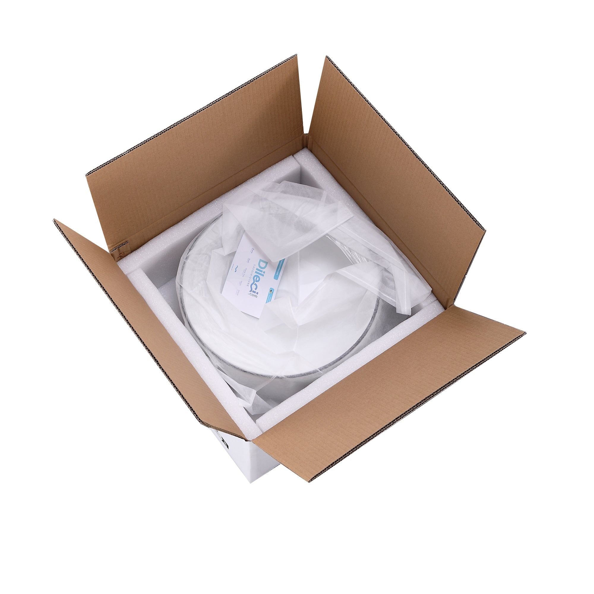 Miroir rond emballé dans une boîte en carton avec protection en mousse et plastique.