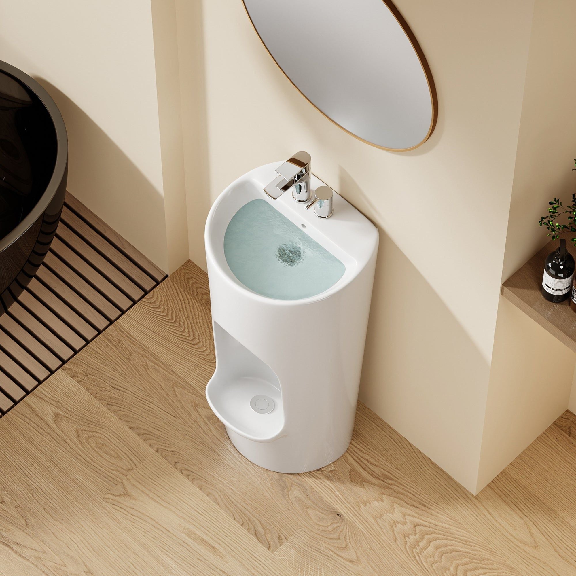 Lavabo d'ablutions Riyad blanc en céramique, design rond et fin, dans une salle de bain moderne.