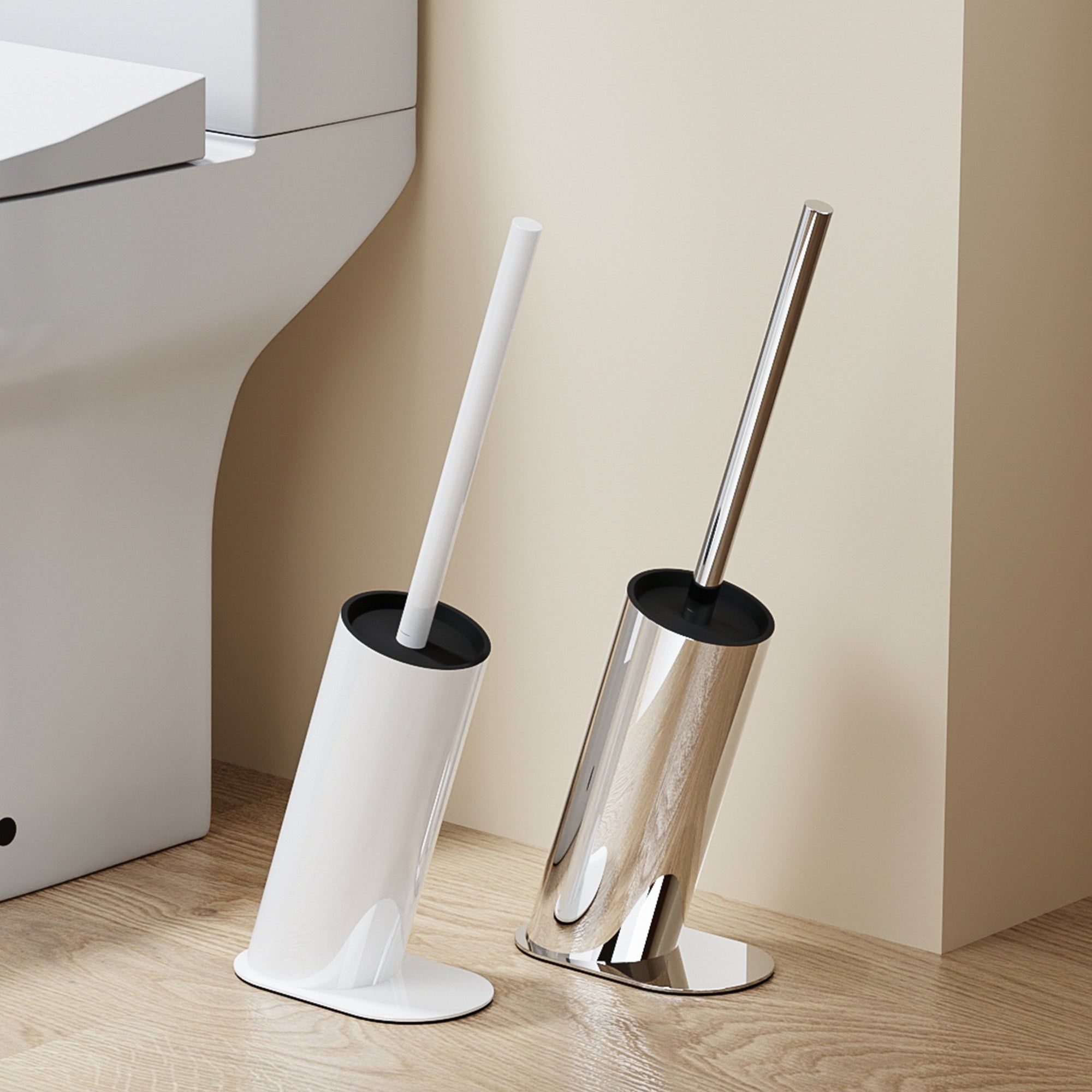 Brosse WC design en acier inoxydable chromé, avec manche et support assortis