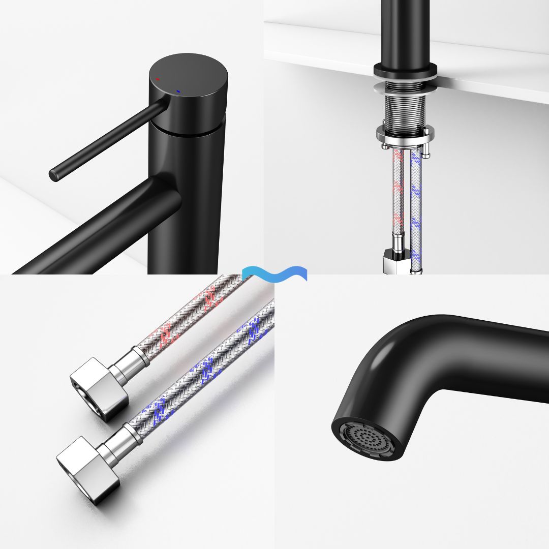 Matte black high-neck faucet, Robinet à bec haut couleur noir mat, with sleek modern design and easy installation.