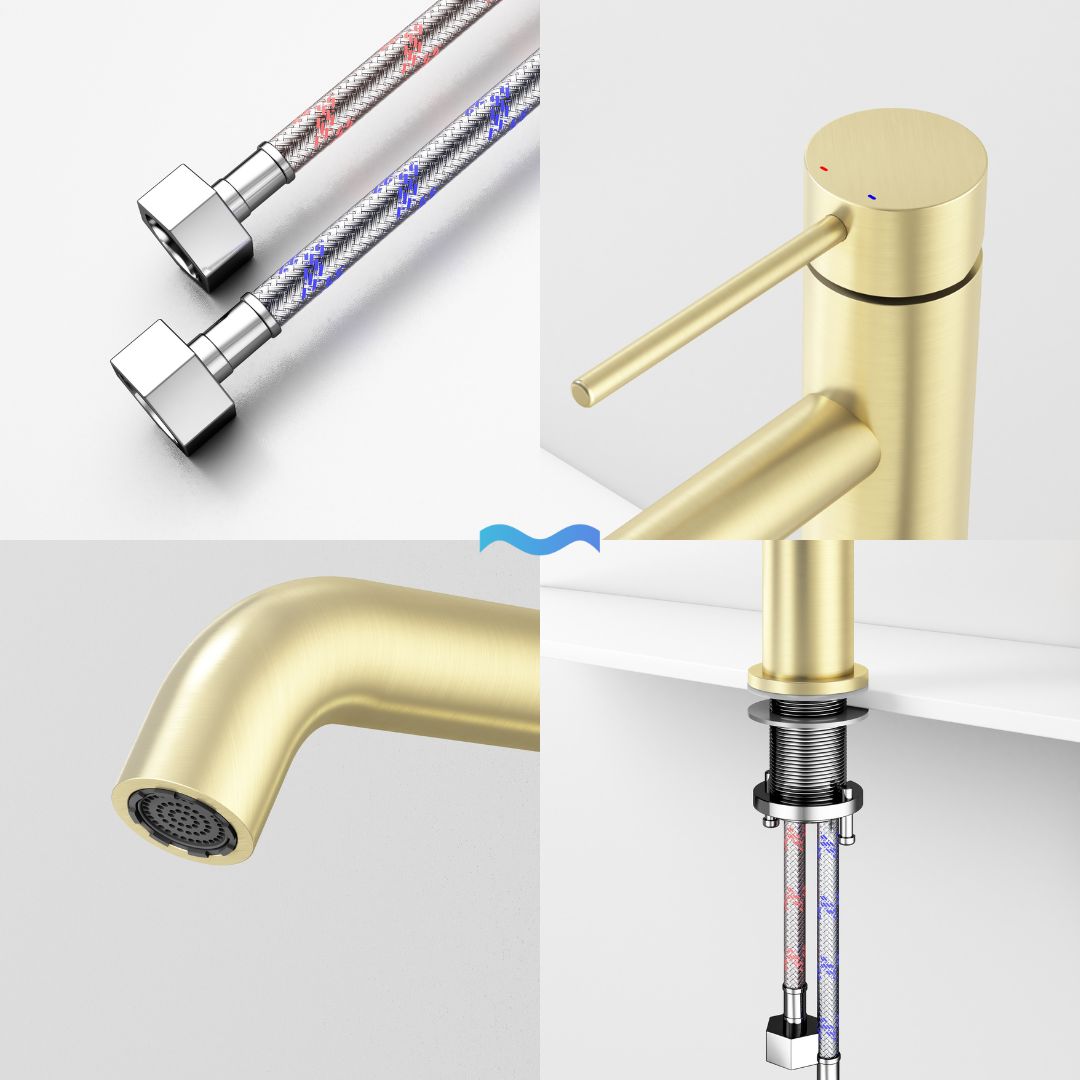 Robinet de salle de bain doré à bec haut, finition or brossé. Design moderne, installation facile.