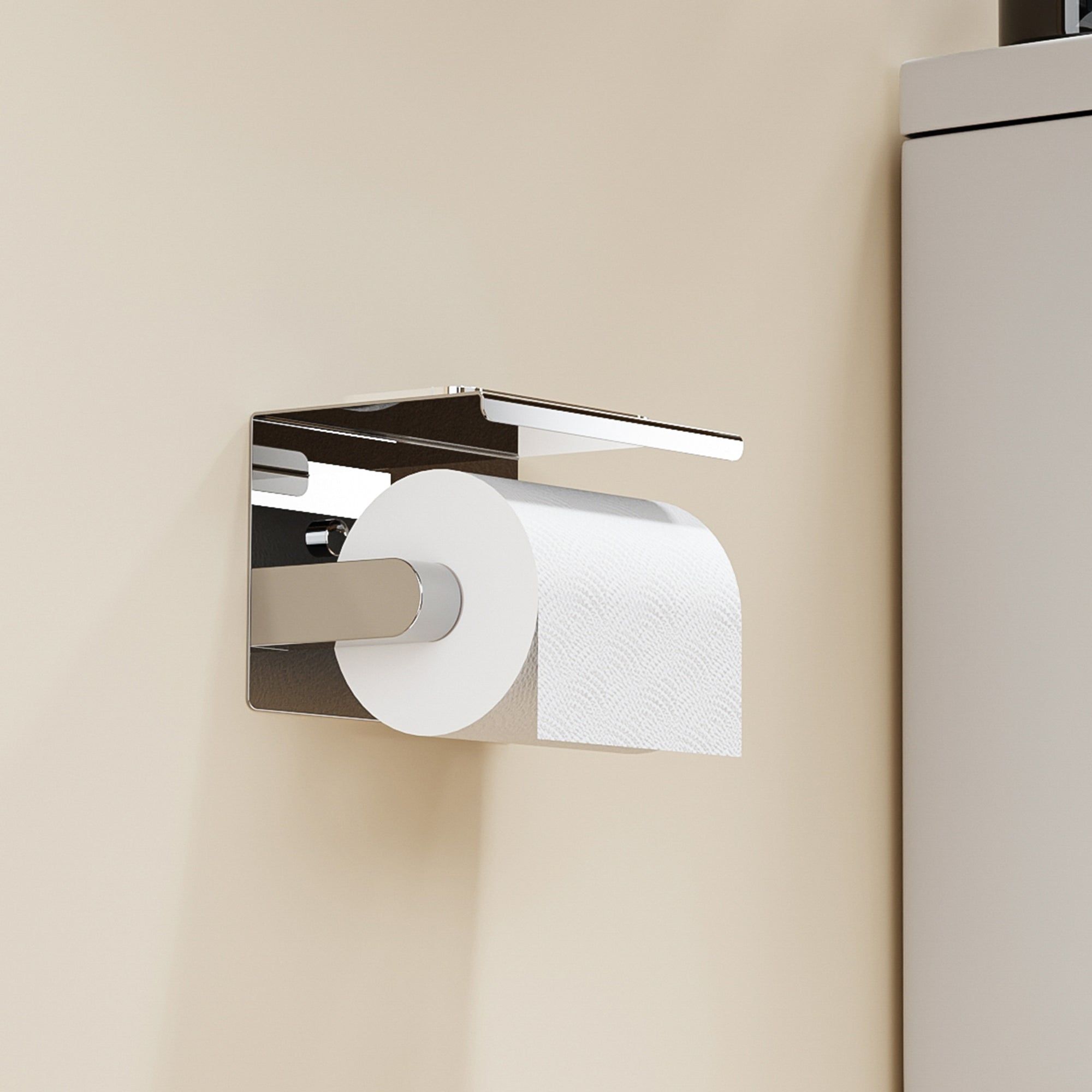 Porte-rouleau de toilette design chromé avec tablette pour poser vos objets