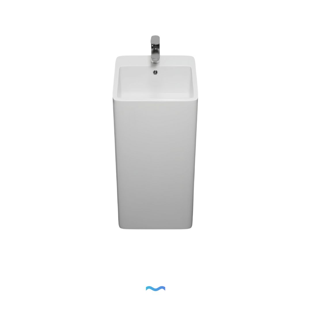 Lavabo Totem blanc carrée arrondie : Lavabo sur pied carré blanc moderne aux coins arrondis