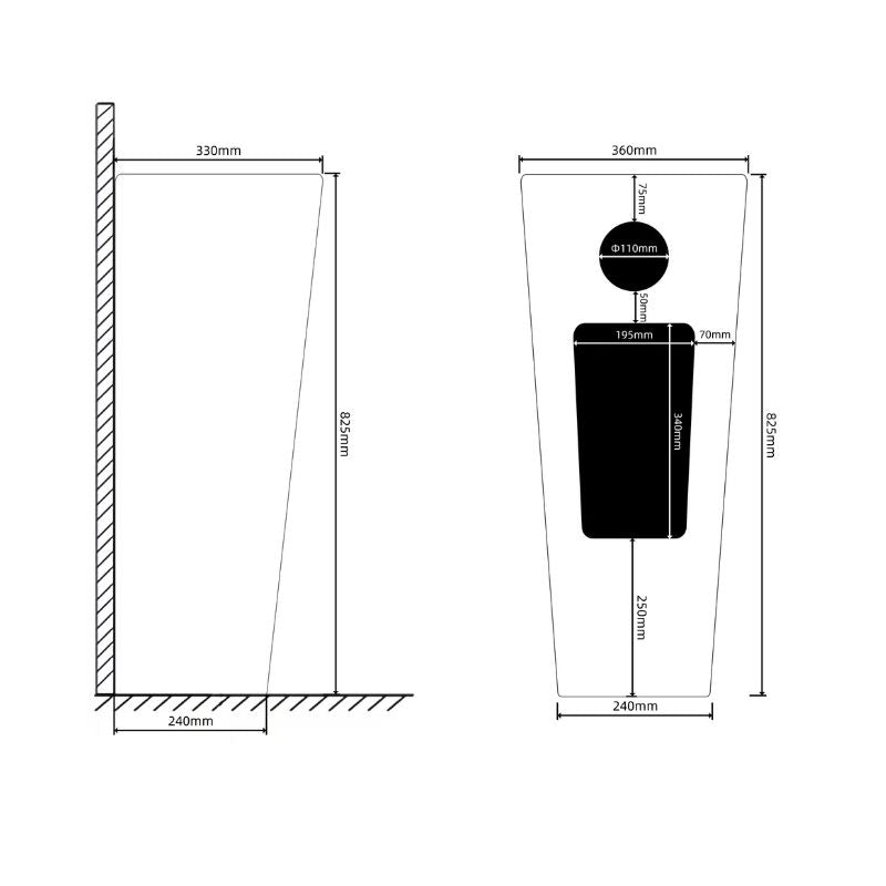Lavabo Totem Blanc Carré : Dessin technique d'un lavabo mural carré blanc moderne. Dimensions incluses.