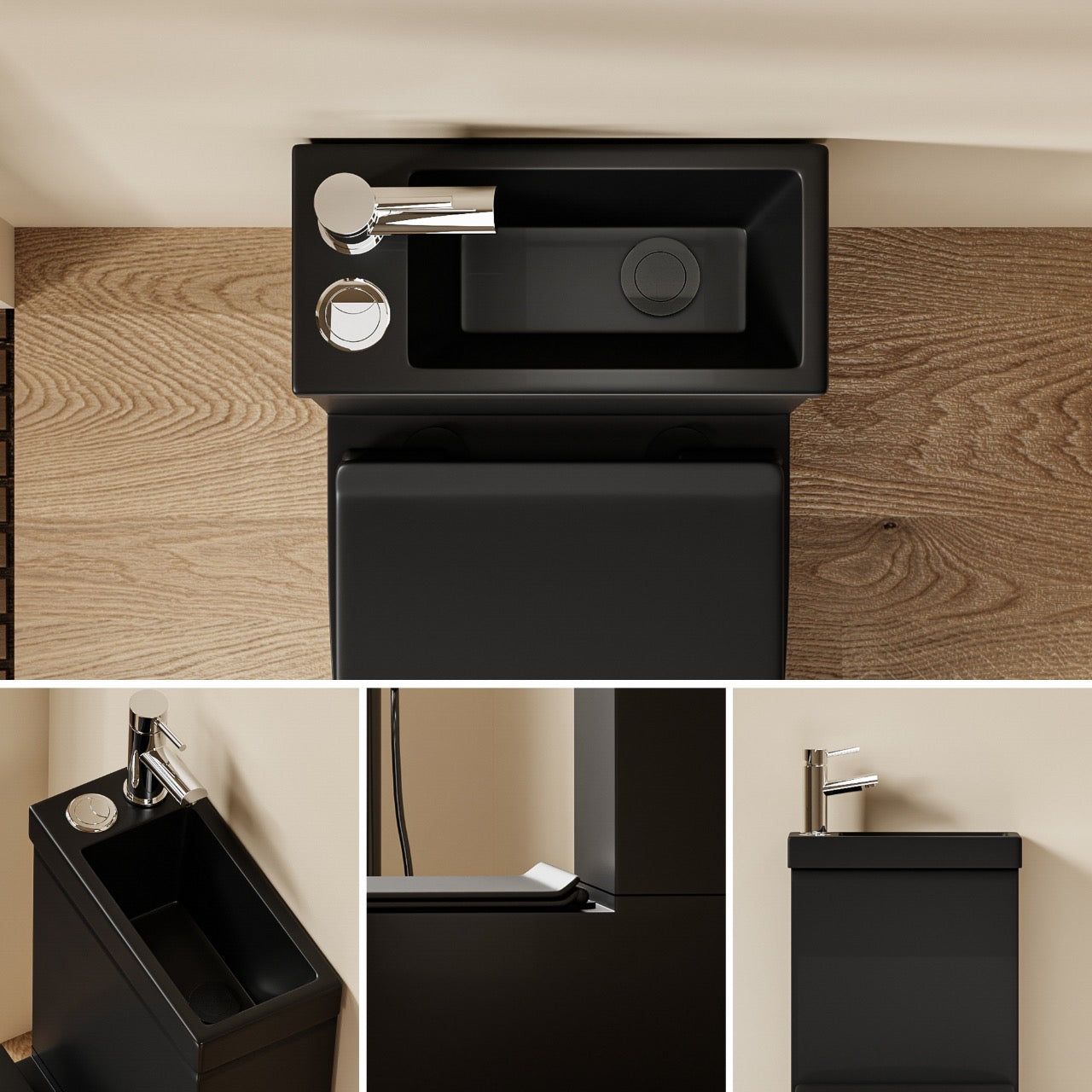 WC 2 en 1 Noir : Ensemble WC et lavabo tout-en-un noir moderne avec robinet chromé intégré et chasse d'eau à bouton-poussoir.
