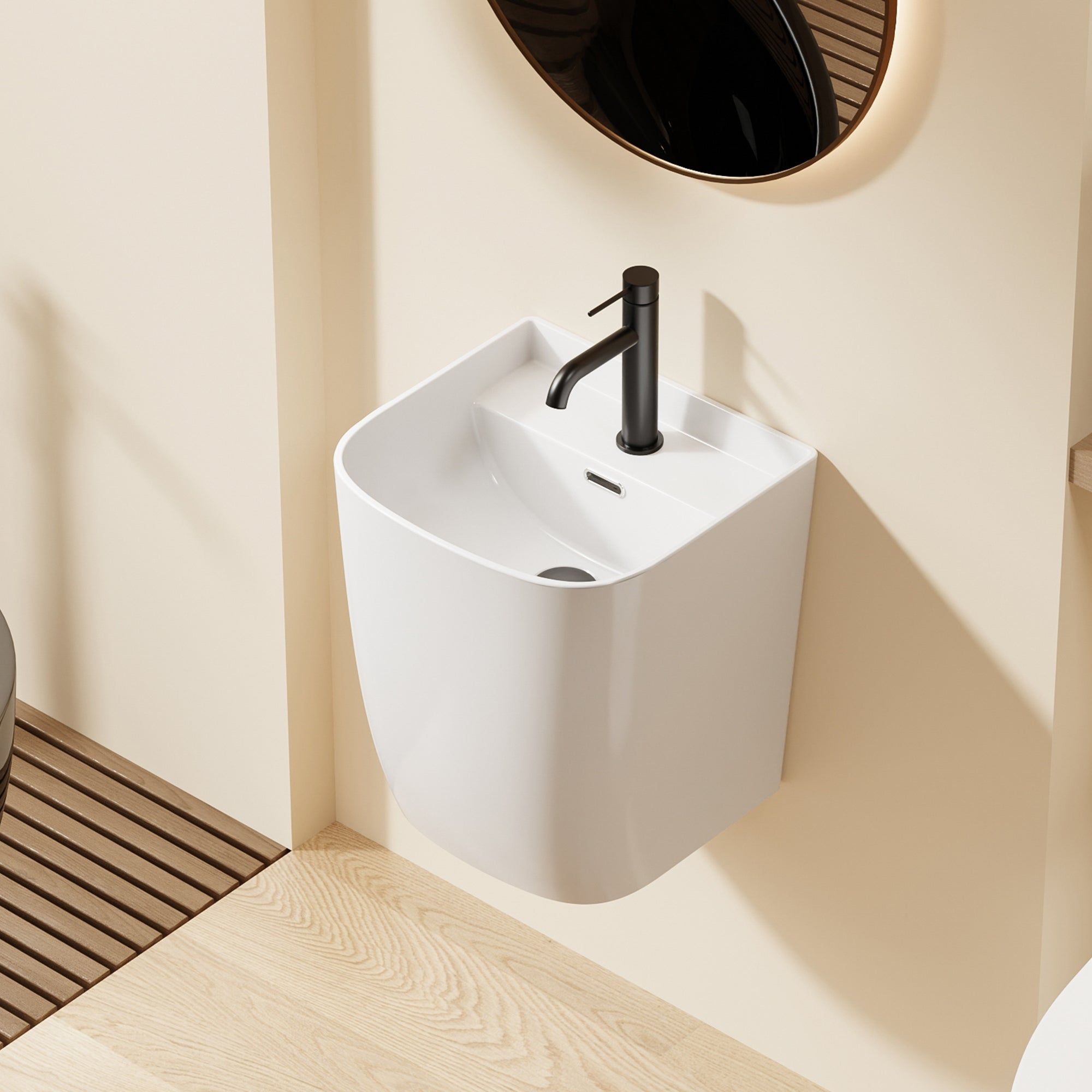 Lavabo mural blanc (38 × 40 × 45 cm) : Lavabo de salle de bain mural moderne en céramique blanche avec un robinet noir élégant.