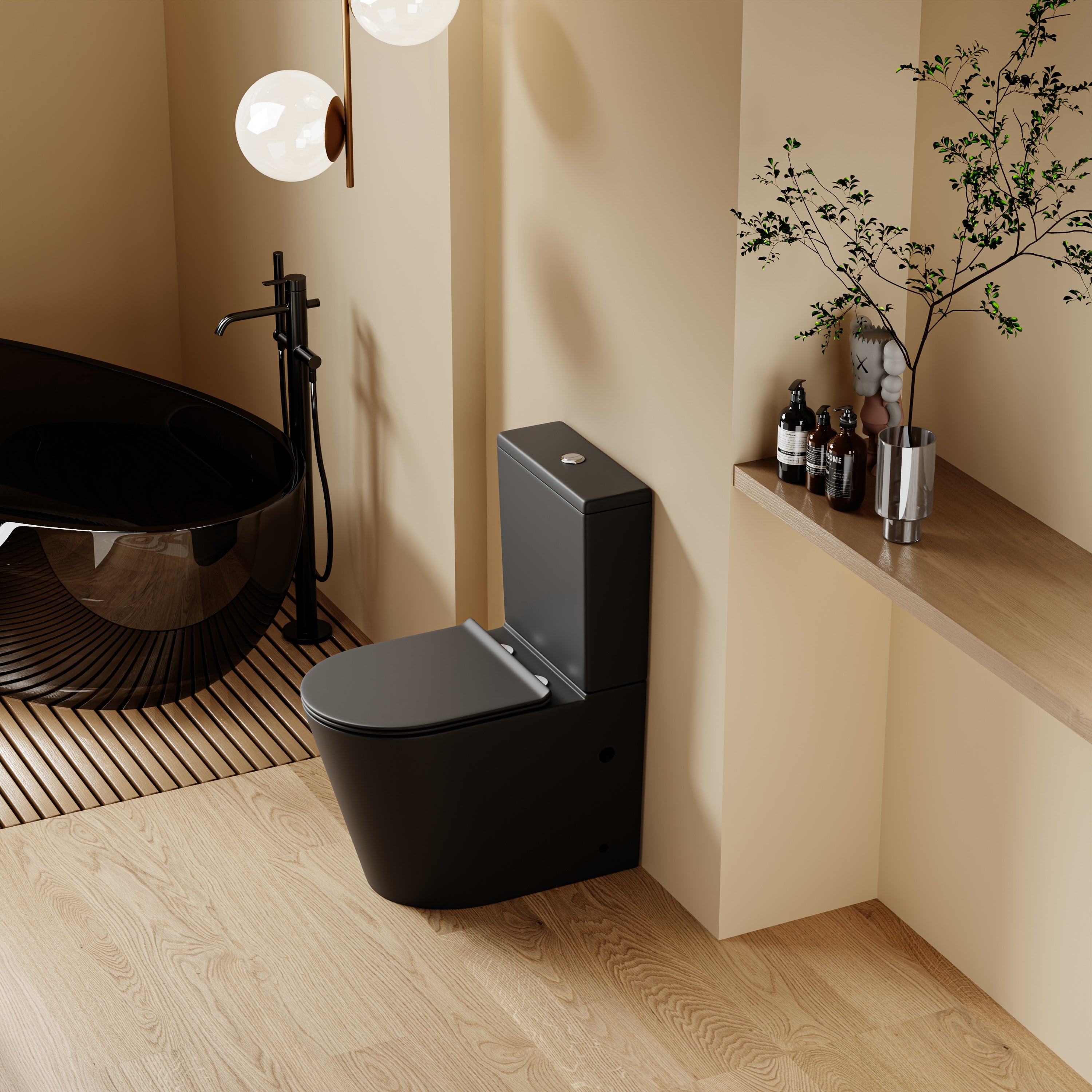 WC à poser sans bride sortie horizontale (63x38x82cm) - Design arrondie noir CESAR