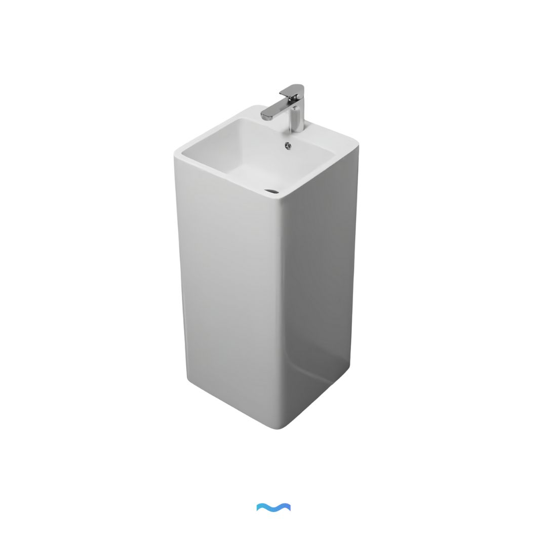 Lavabo Totem blanc carrée arrondie: Modern white square pedestal sink with chrome faucet