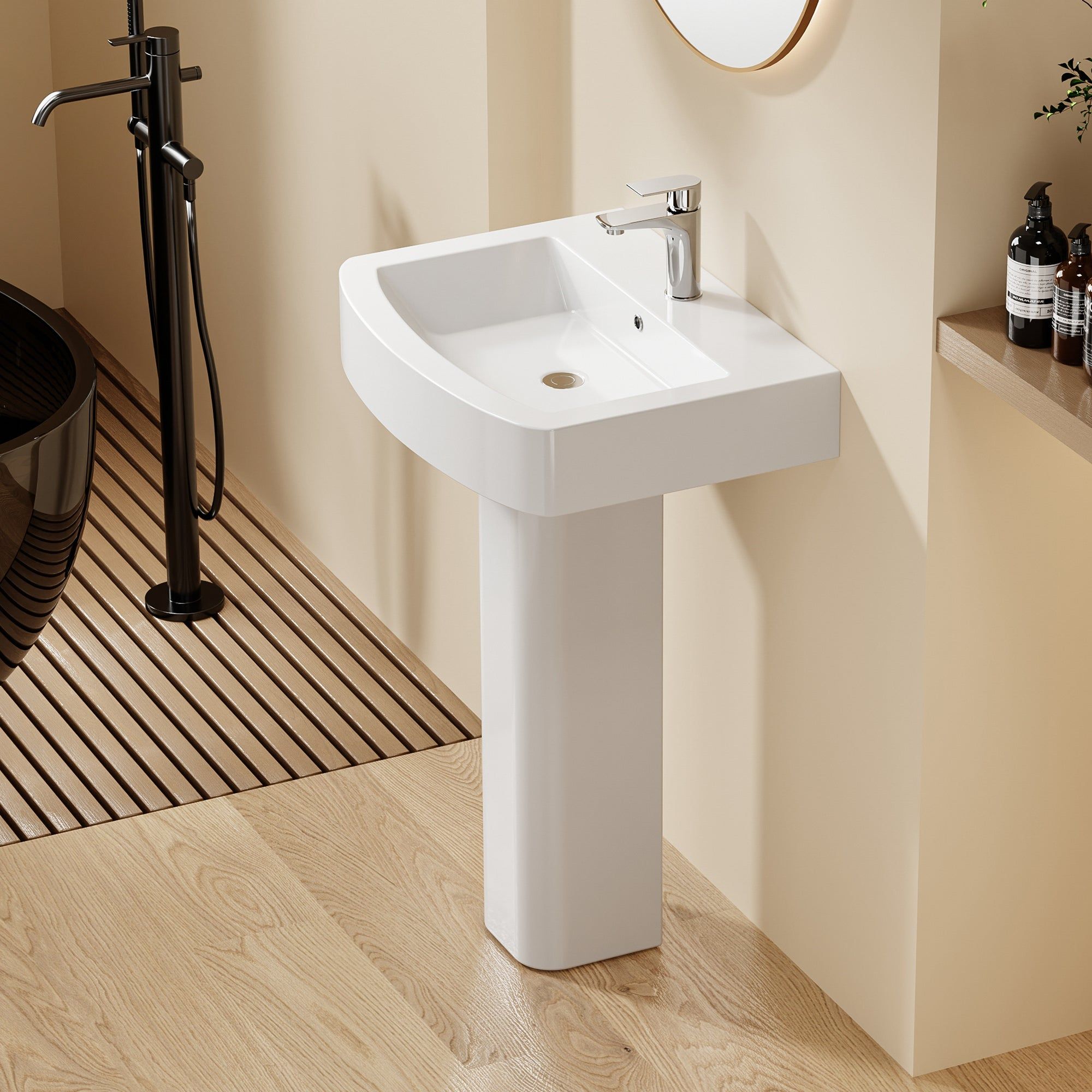 Lavabo colonne sur pied blanc, design carré arrondi, céramique moderne