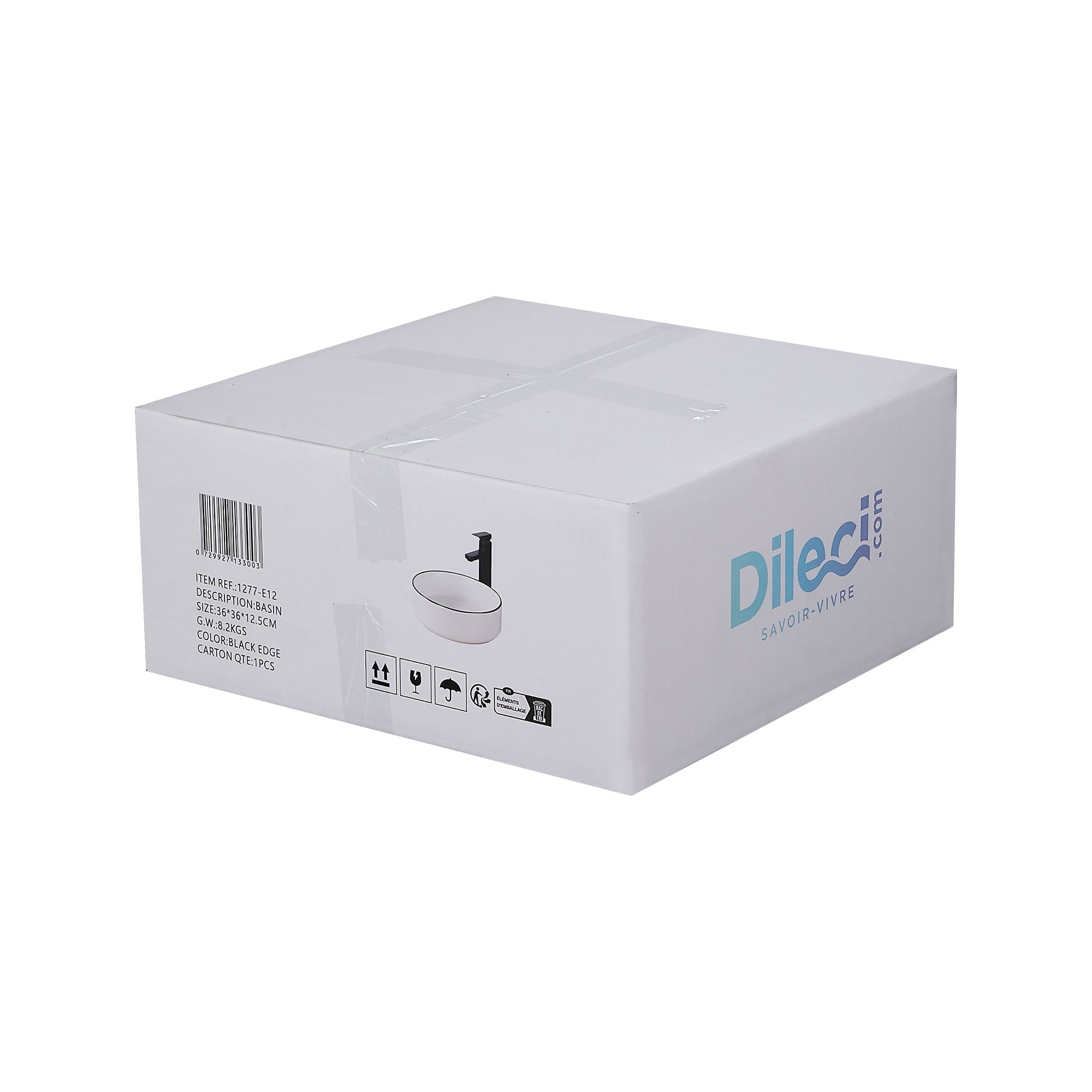 Lavabo rond en céramique blanche, robinet noir, design de salle de bain moderne