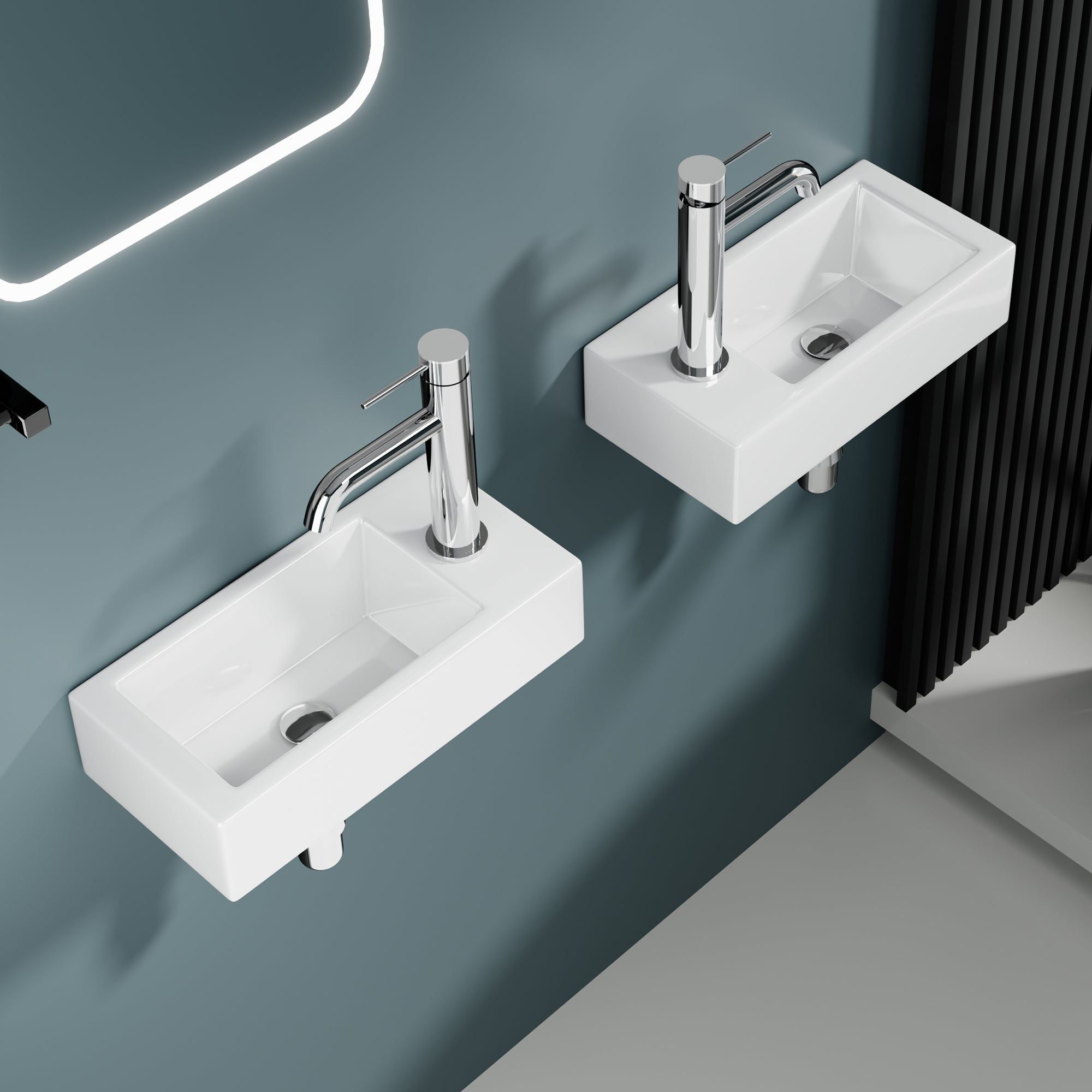 Vasque lave-mains sortie droite (36,5x18x9cm) : Paire de vasques de salle de bain murales modernes avec robinetterie chromée.