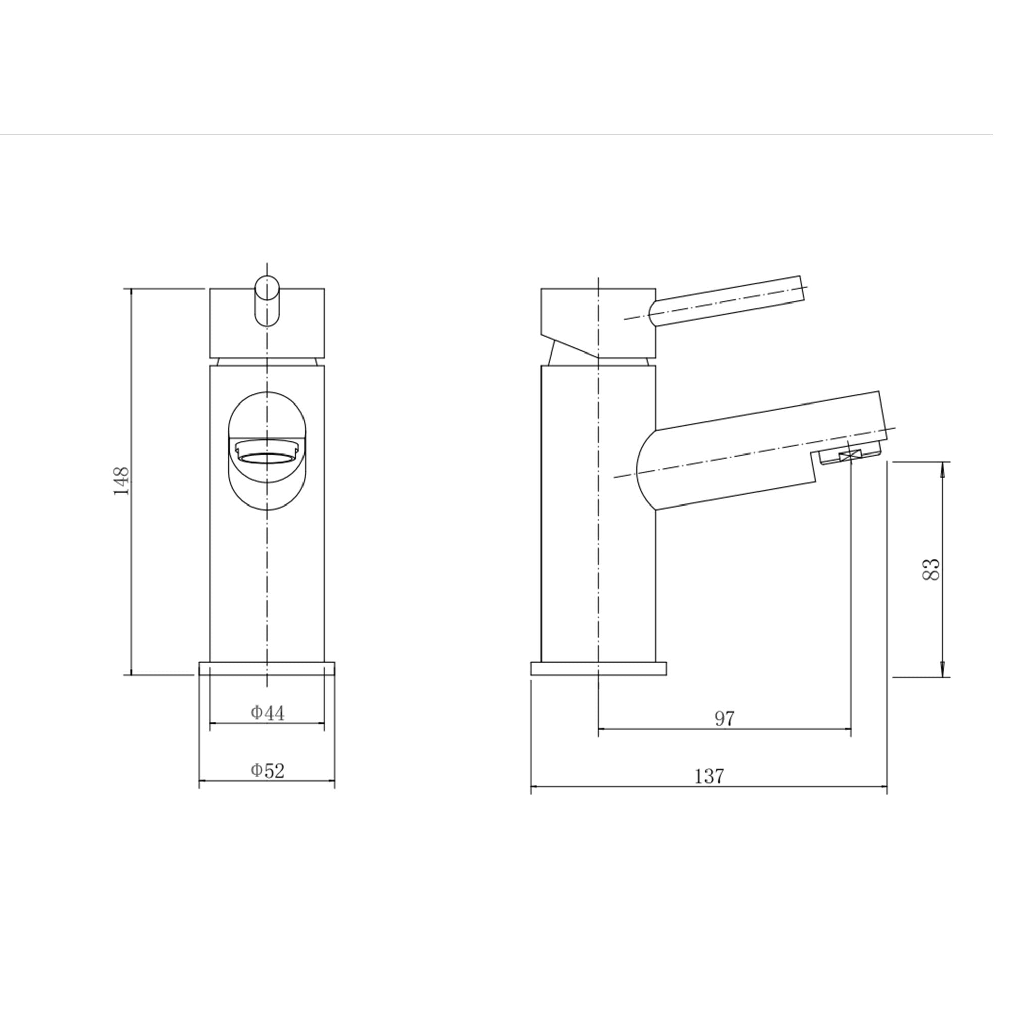 WC 2 en 1 Noir - Design arrondi : Robinet de salle de bain moderne à poignée unique au design arrondi, dessin technique indiquant les dimensions.