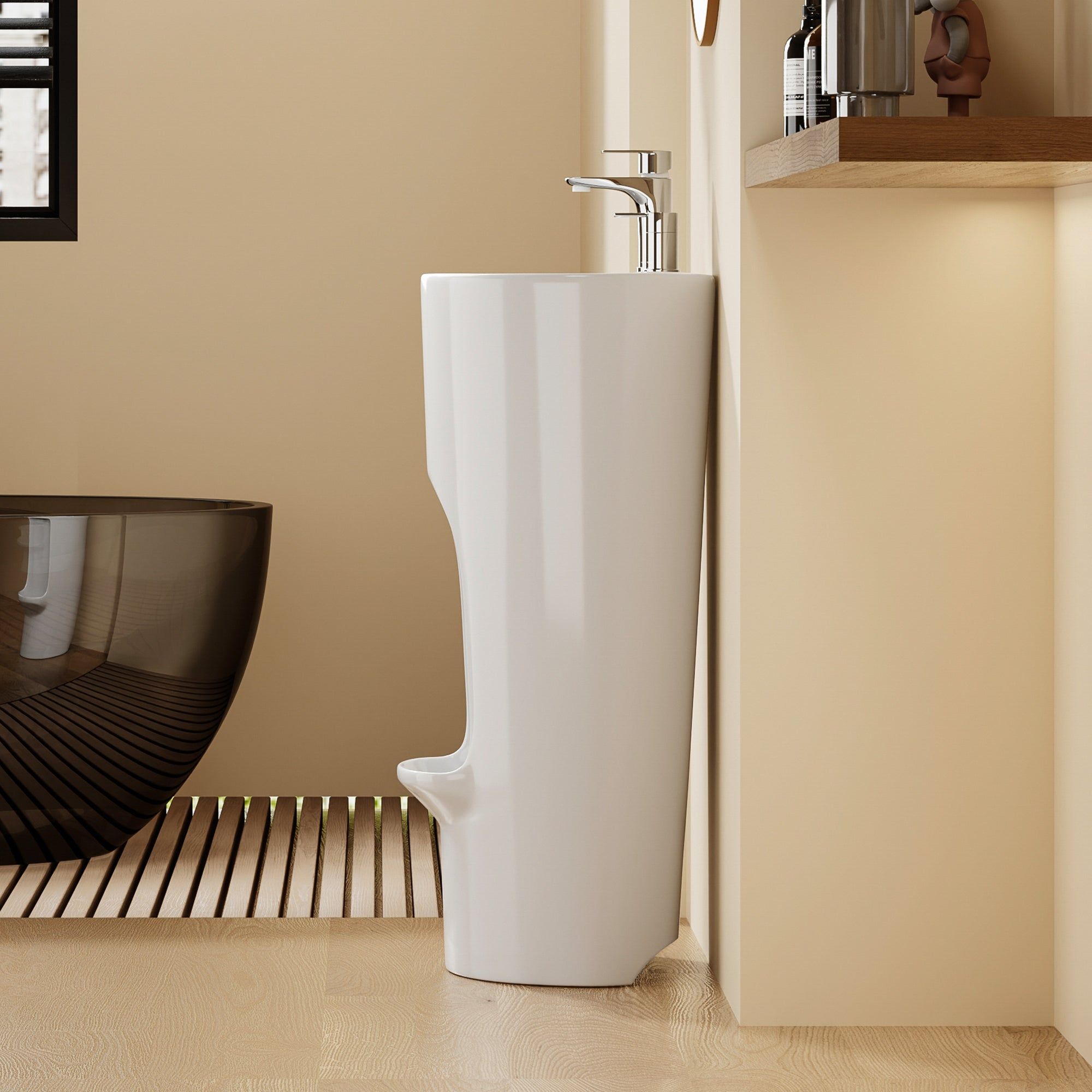 Lavabo sur pied Riyad blanc au design rond et fin, avec robinetterie argentée.