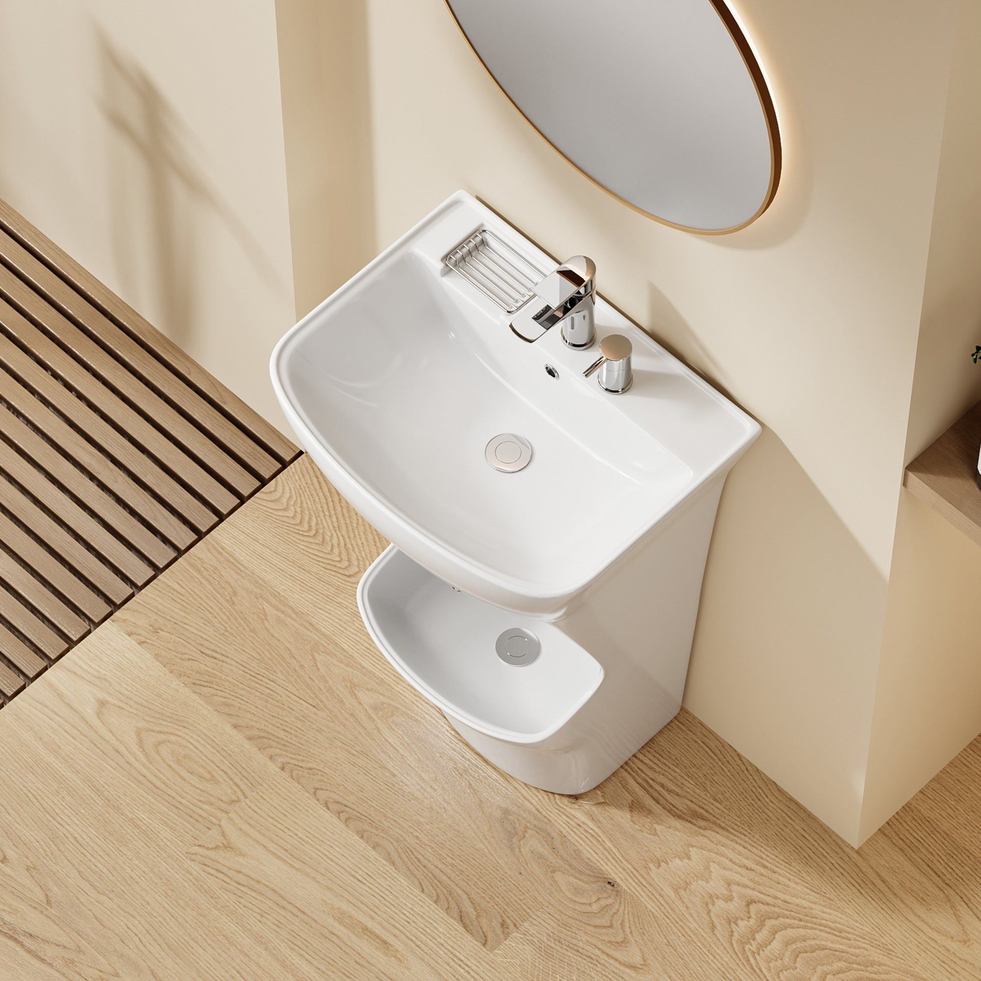 Lavabo d’ablutions Beyrouth blanc au design arrondi, avec porte-savon intégré et robinetterie moderne.
