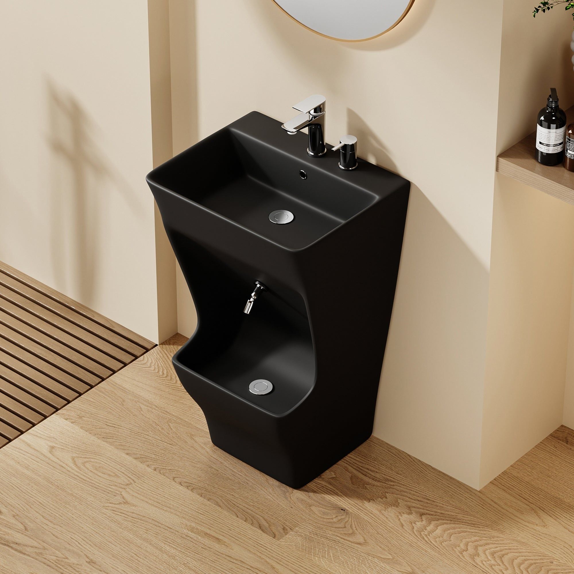 Lavabo d'ablutions Tunis rectangulaire noir design moderne, avec robinetterie chromée.