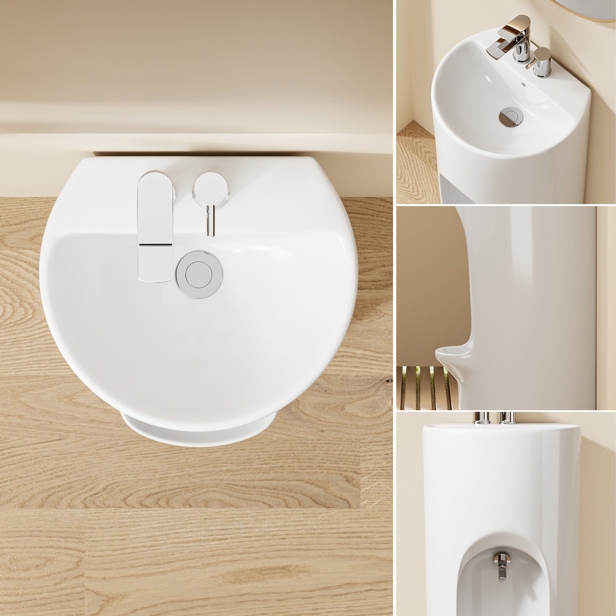 Lavabo sur colonne rond Riyad : Design moderne et épuré en céramique blanche avec robinet chromé.