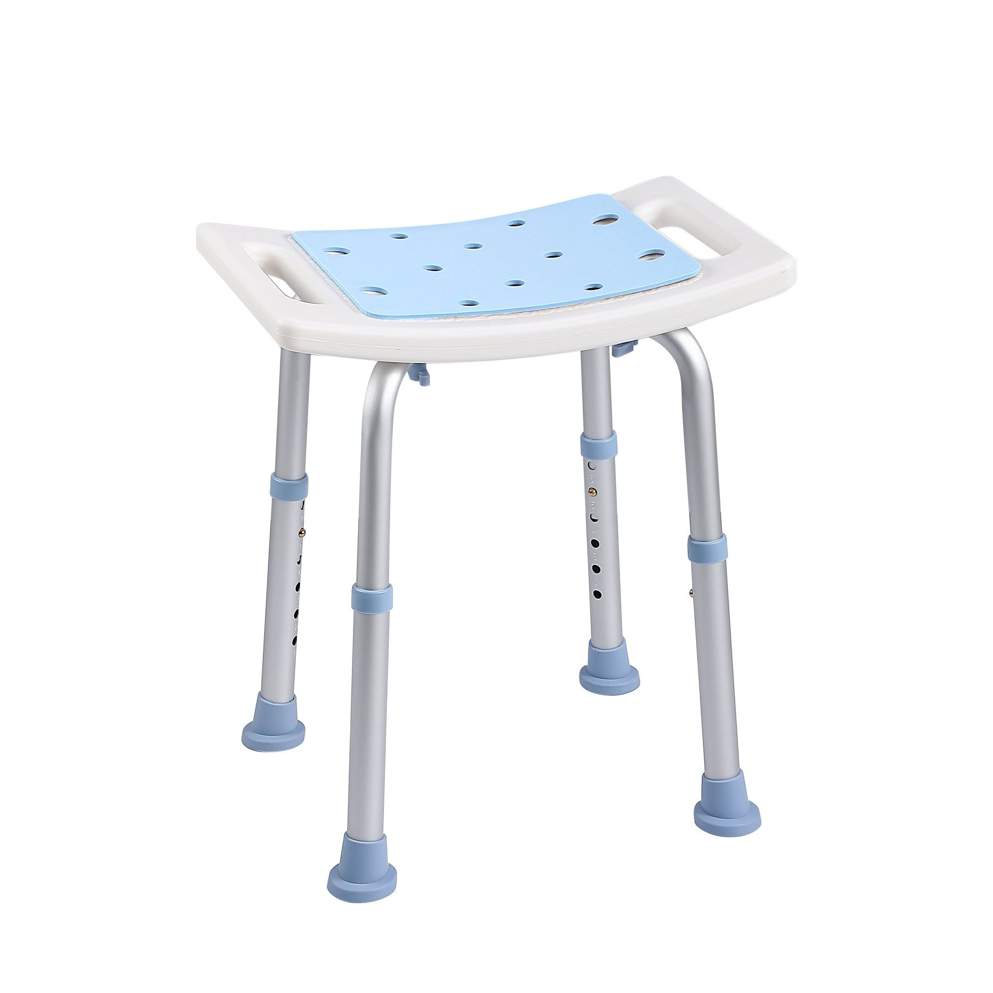 Chaise de douche réglable avec assise bleue antidérapante. Idéale pour les seniors et les personnes à mobilité réduite.