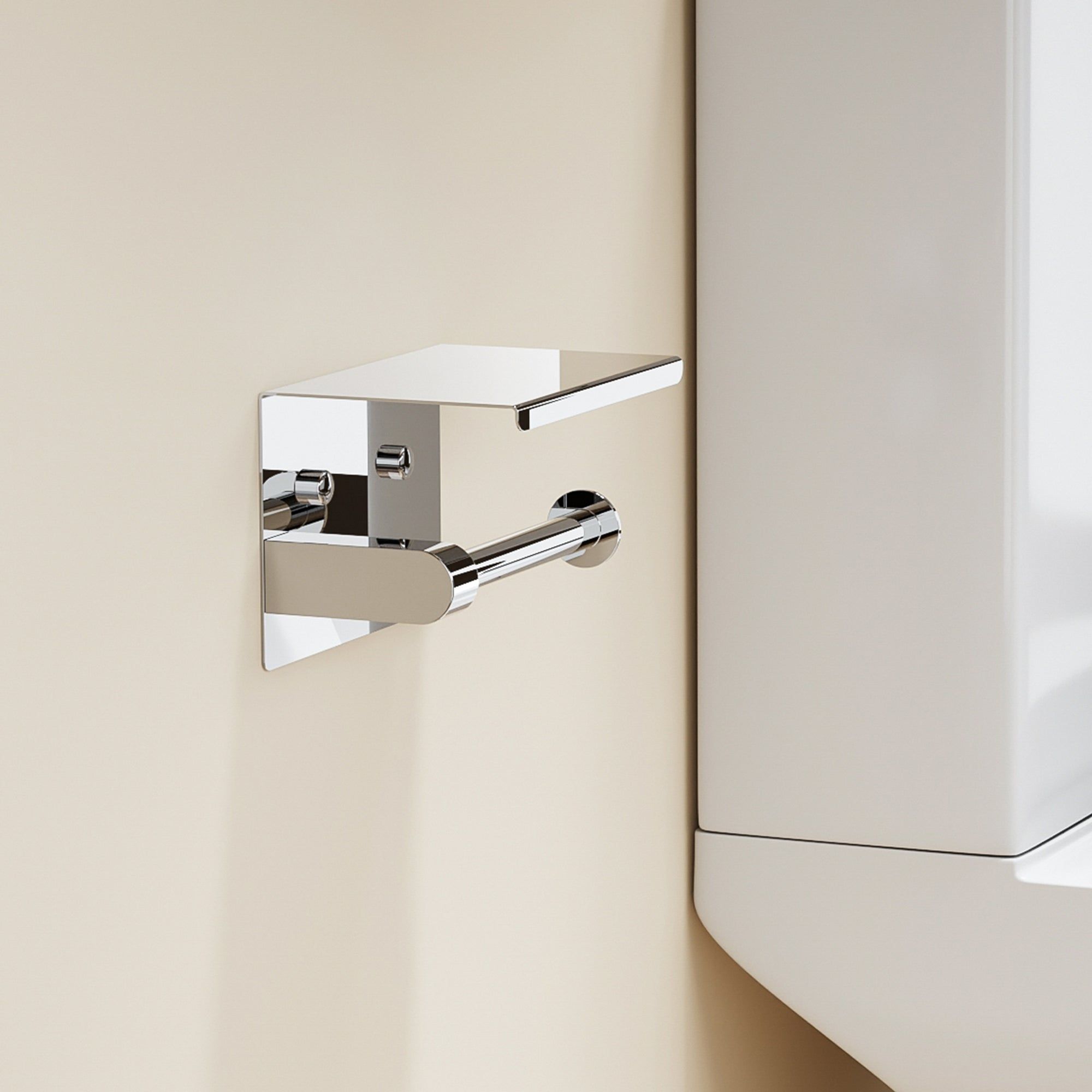 Porte-rouleau de toilette design en chrome poli avec tablette pratique