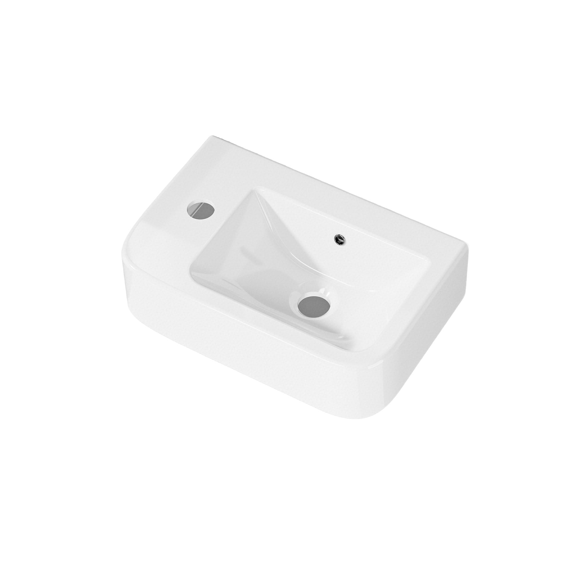 Vasque lave-mains murale compacte en céramique blanche, sortie gauche, 37x24,5cm.
