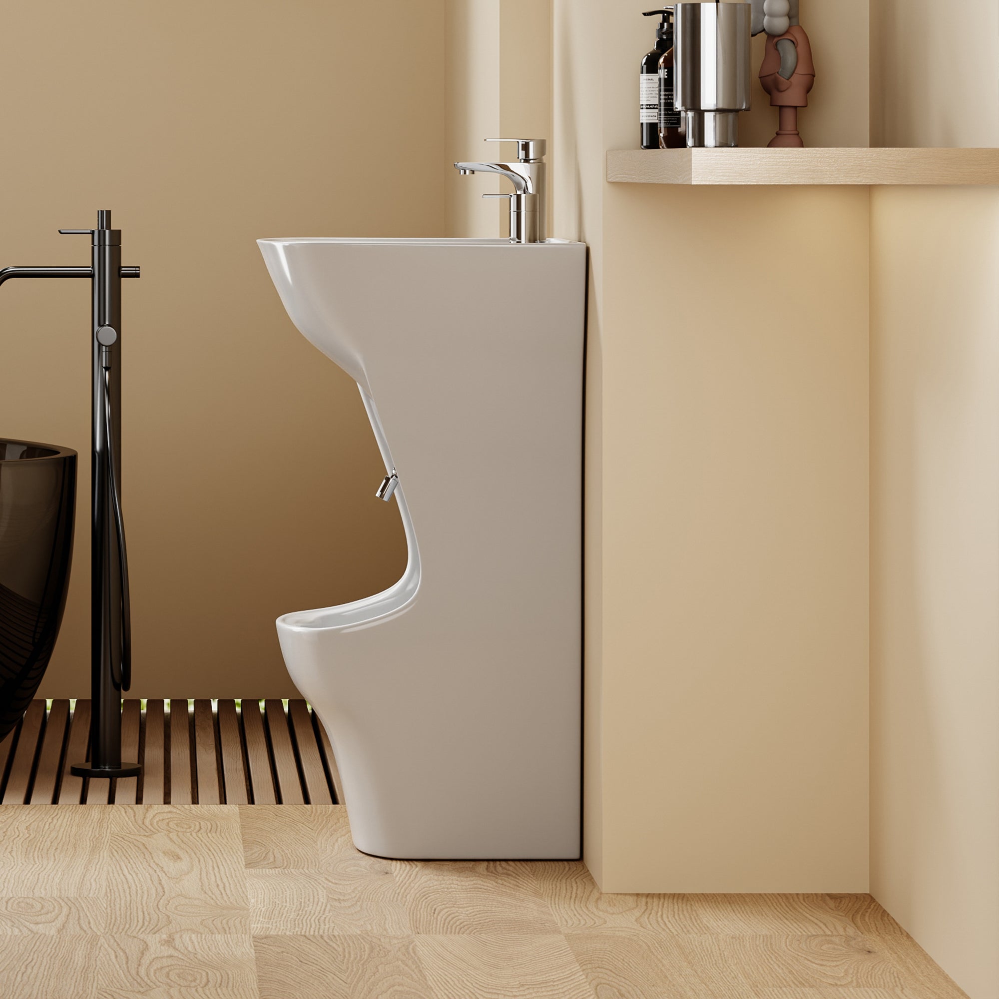 Lavabo d’ablutions Beyrouth blanc au design arrondi, avec porte-savon intégré.