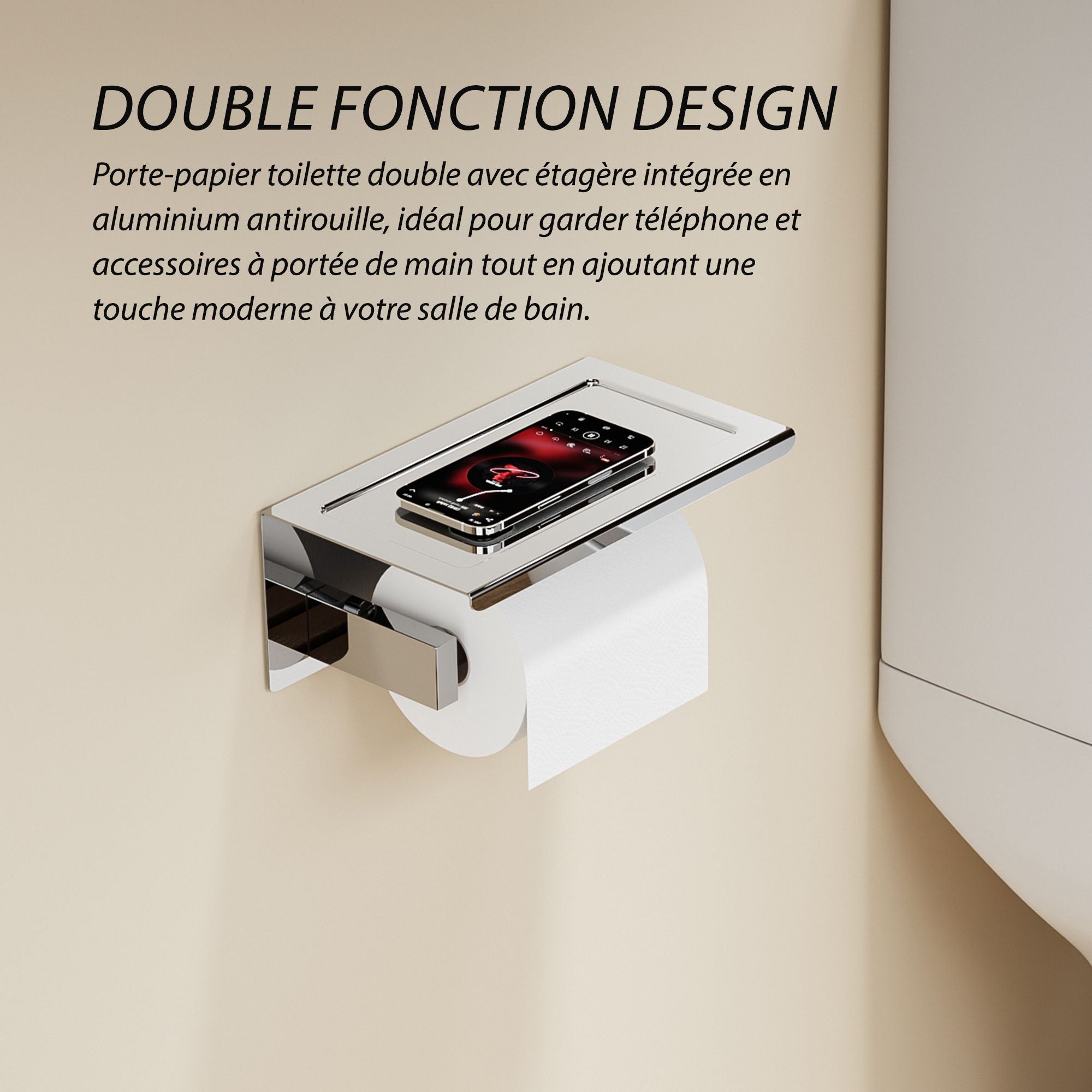 Porte-rouleau papier toilette double en acier inoxydable chromé avec étagère pour téléphone