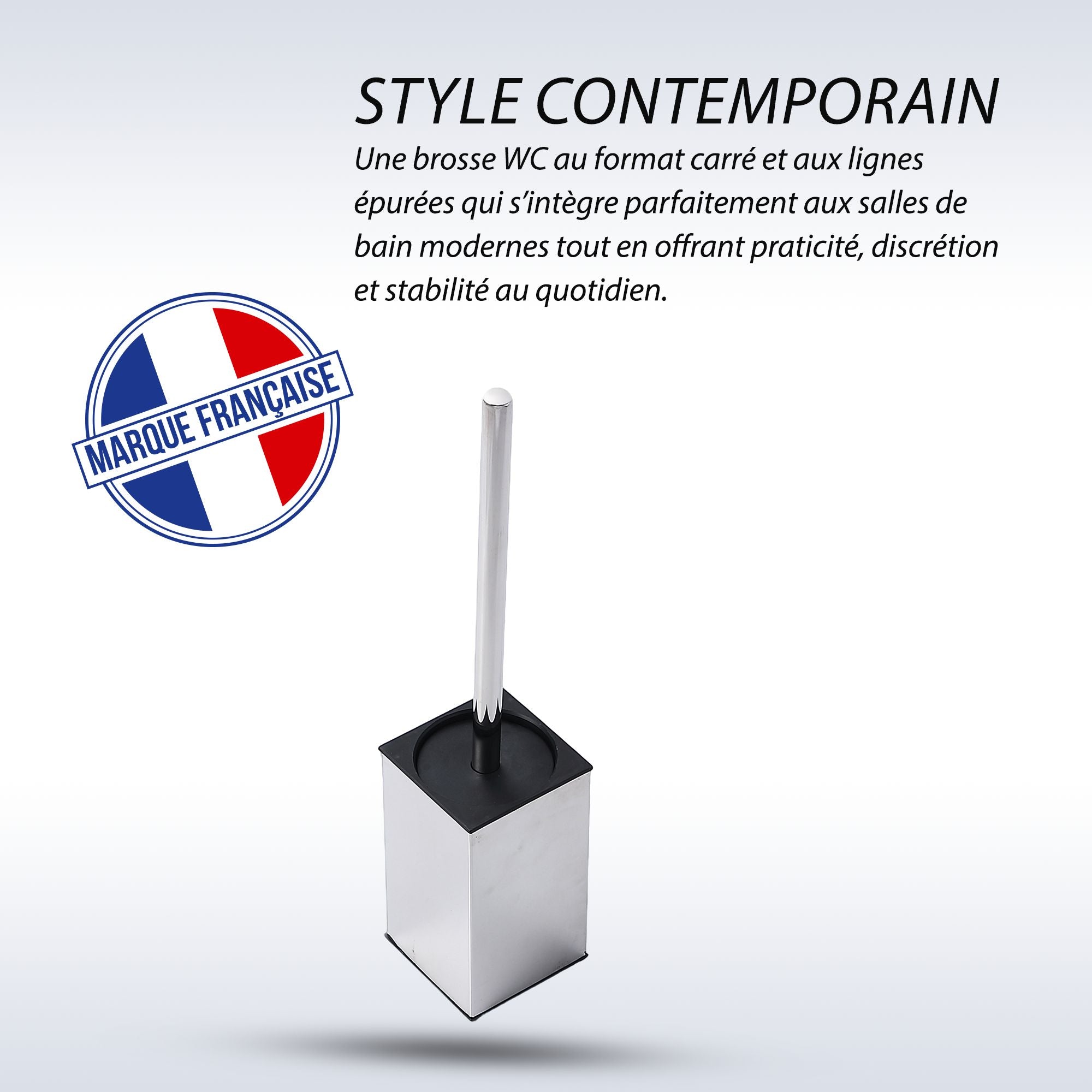 Brosse WC carrée chrome avec couvercle, design moderne et hygiène optimale