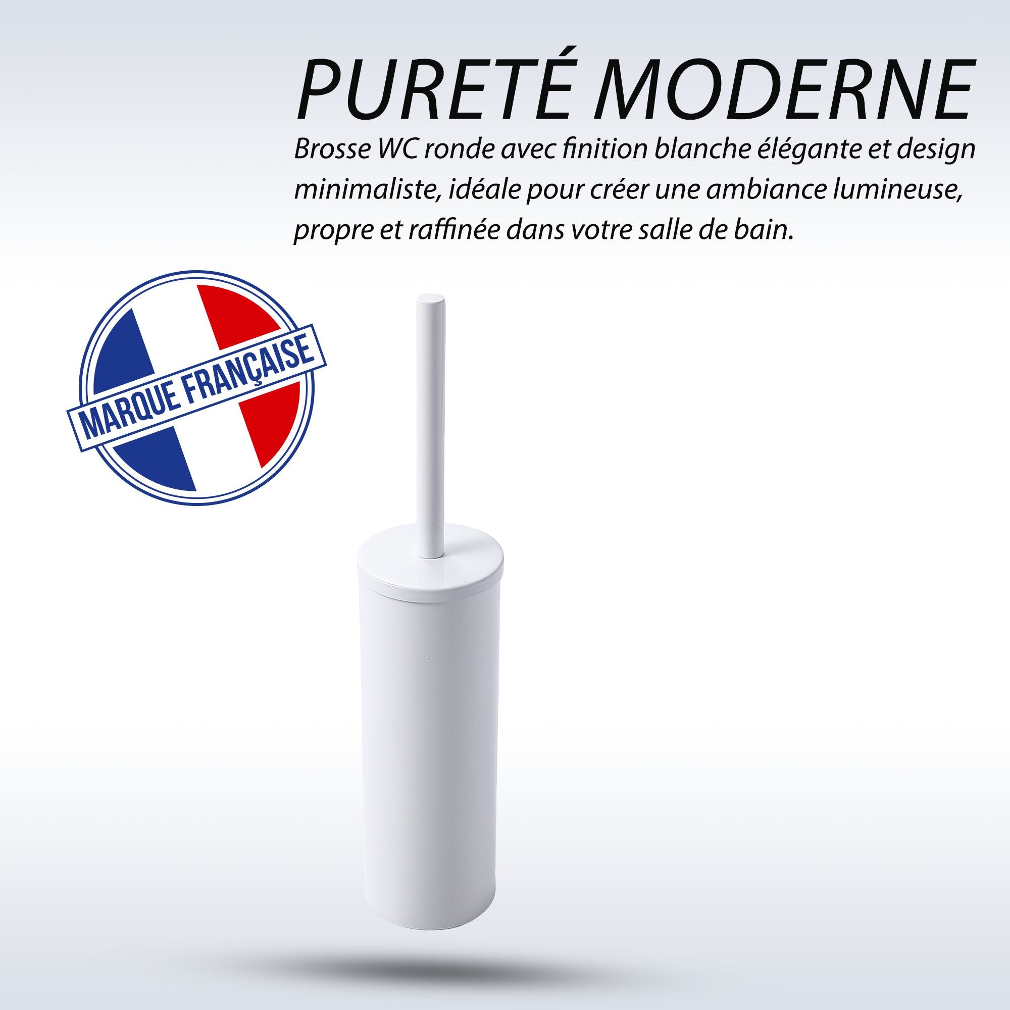 Brosse WC ronde blanche moderne en acier inoxydable, finition élégante et design minimaliste.